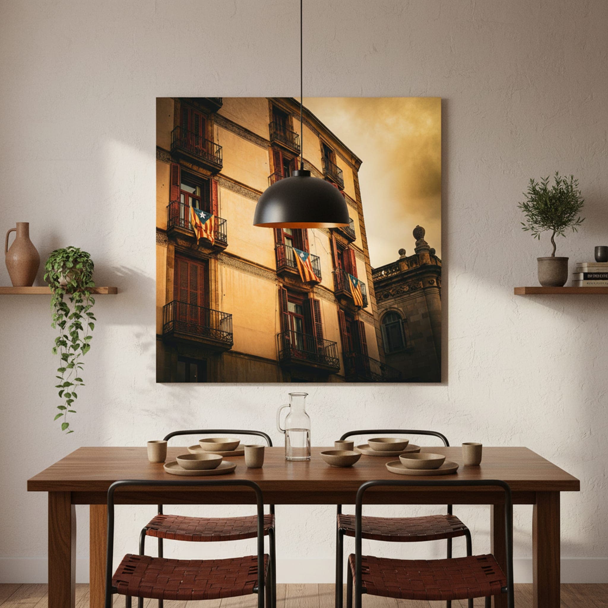 Balconies of Barcelona shown as a canvas print in a styled interior, view 2 of 3