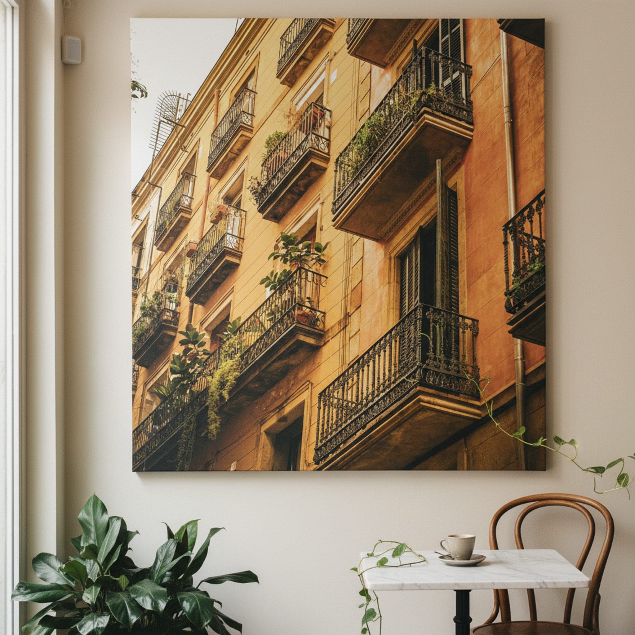 Ochre Balconies of Barcelona shown as a canvas print in a styled interior, view 1 of 3