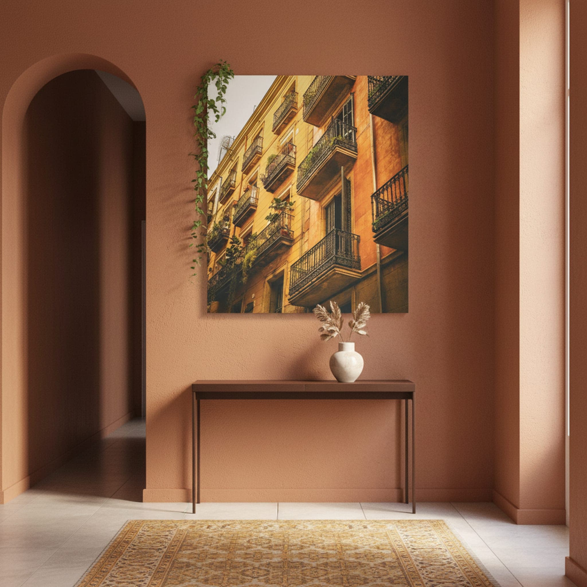 Ochre Balconies of Barcelona shown as a canvas print in a styled interior, view 2 of 3