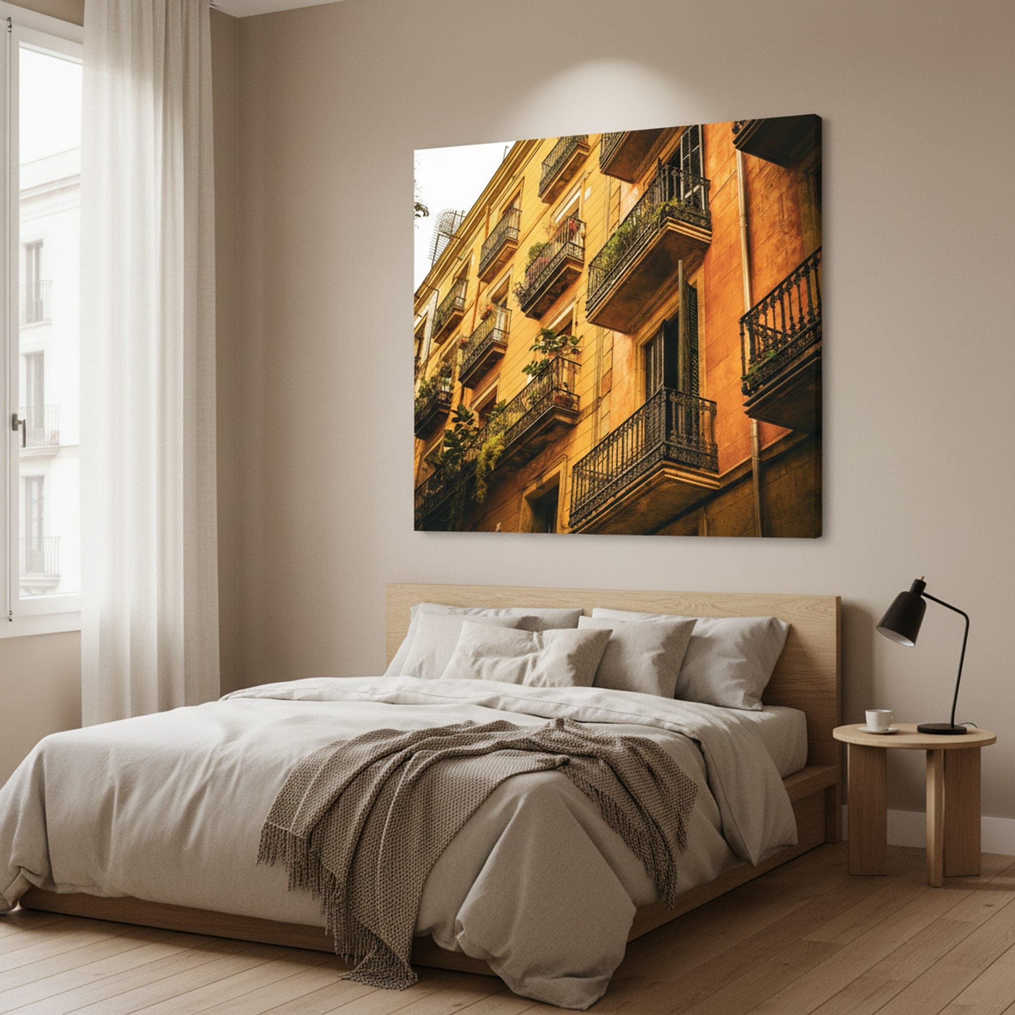 Ochre Balconies of Barcelona shown as a canvas print in a styled interior, view 3 of 3