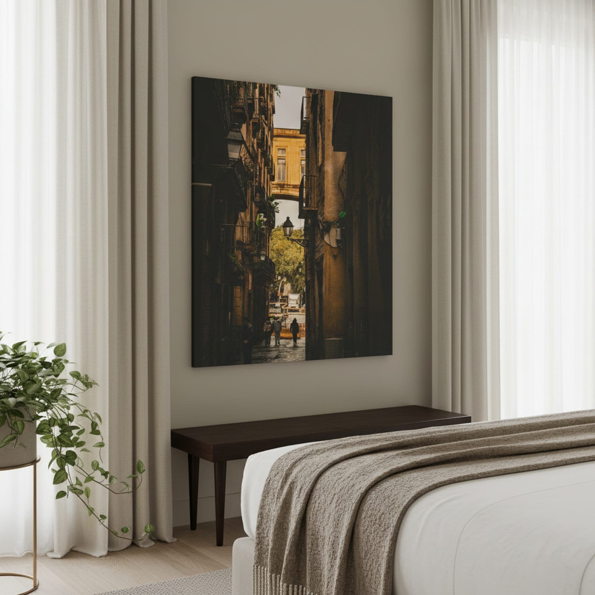 Gothic Alley Embrace shown as a canvas print in a styled interior, view 1 of 3