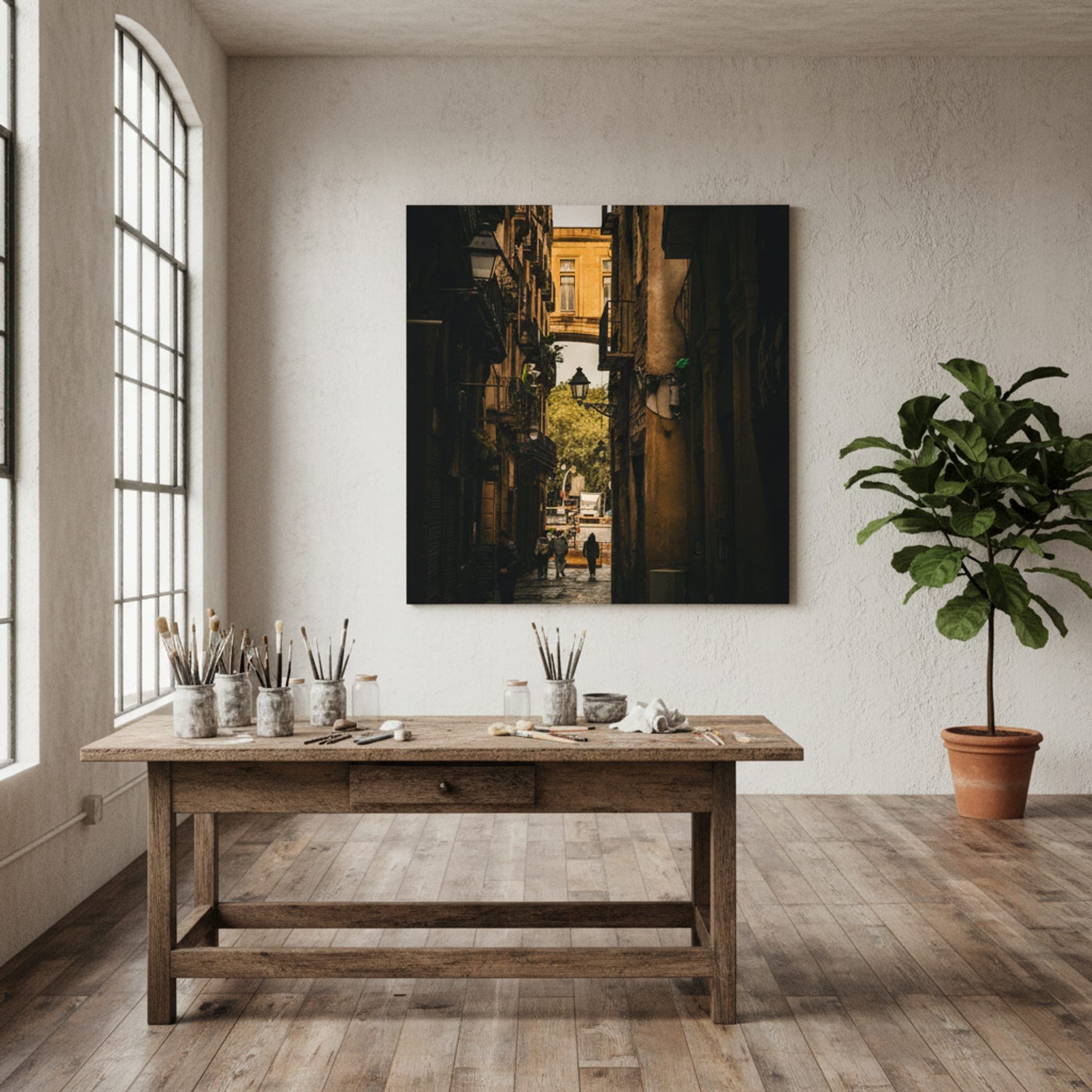 Gothic Alley Embrace shown as a canvas print in a styled interior, view 3 of 3