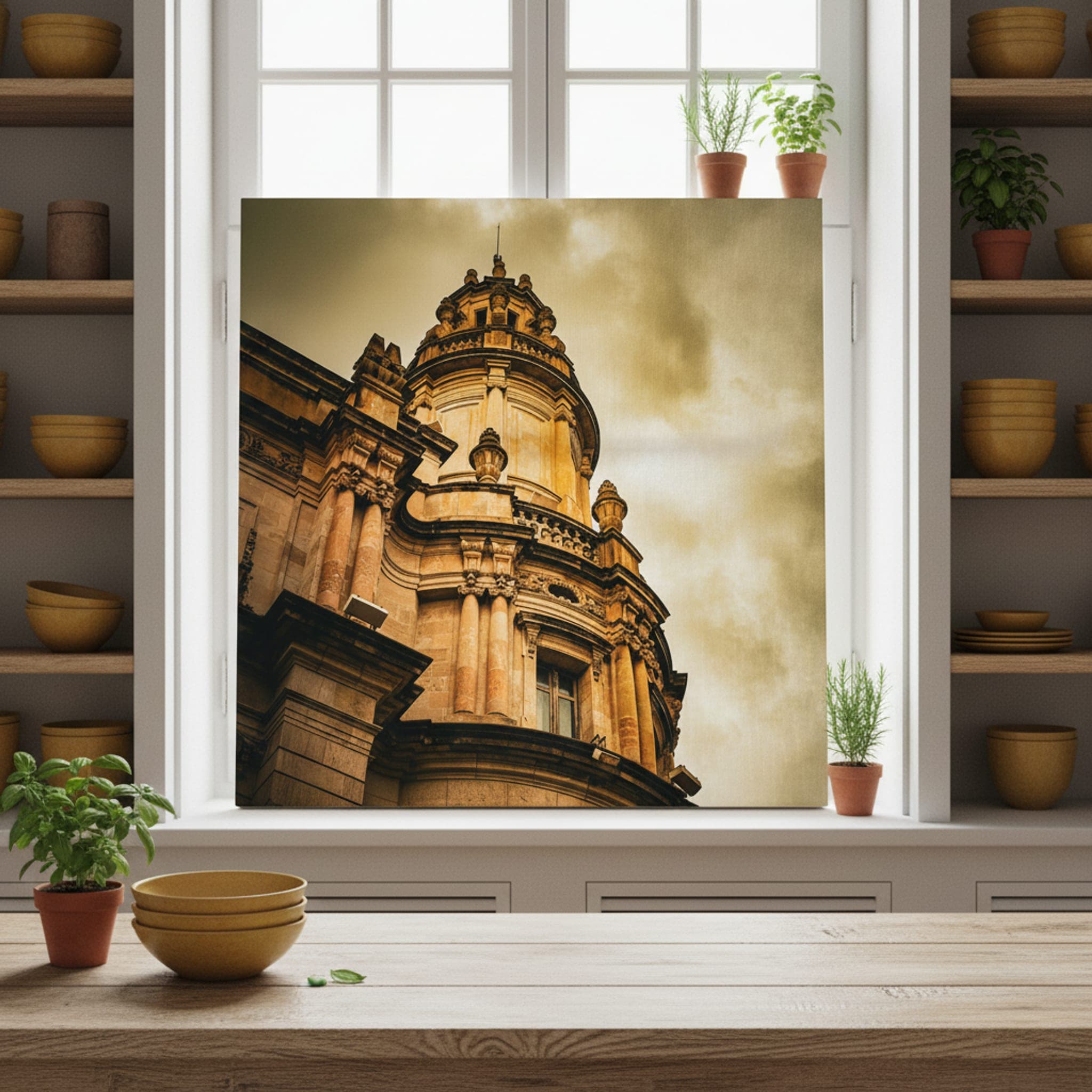 Gothic Grandeur of Barcelona shown as a canvas print in a styled interior, view 2 of 3
