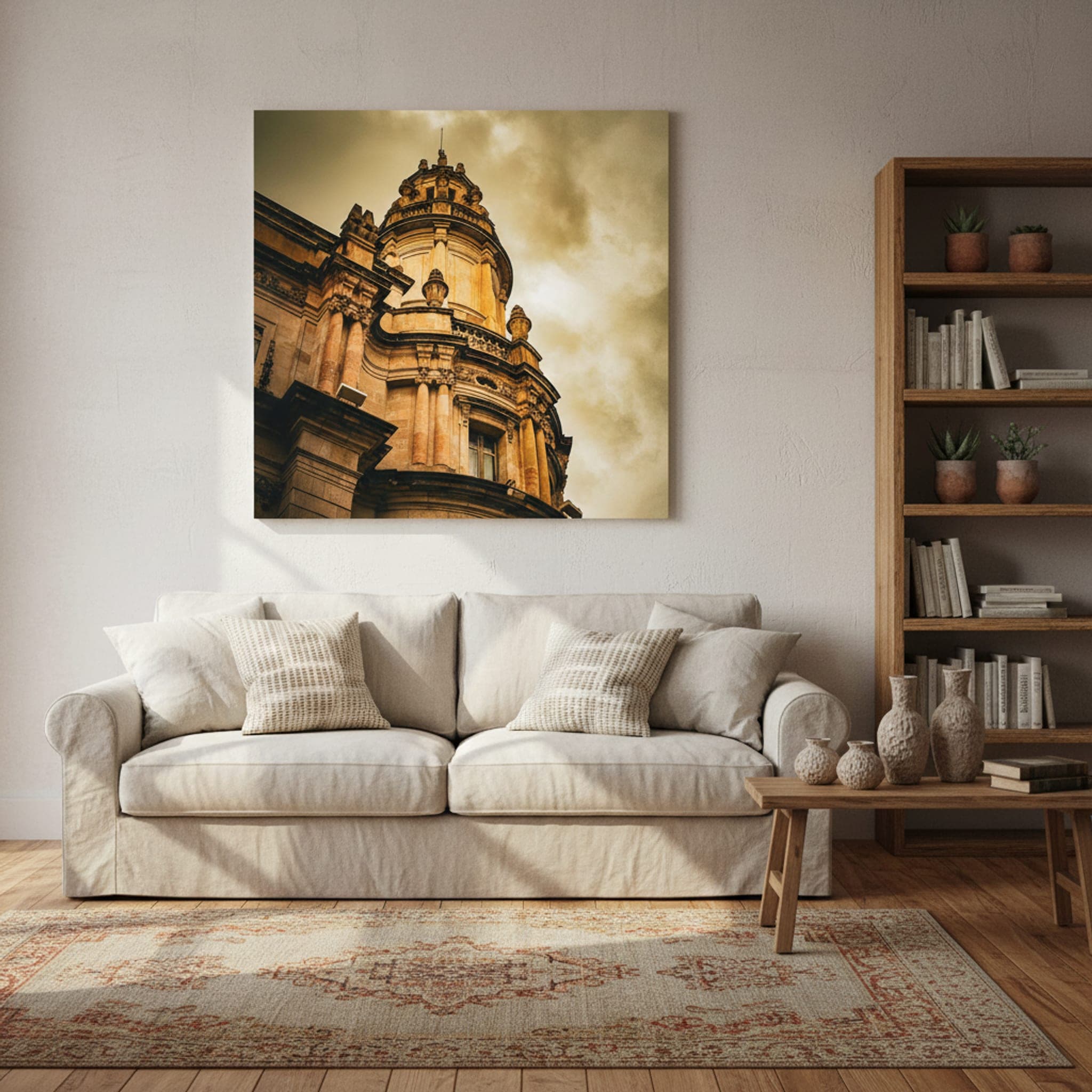 Gothic Grandeur of Barcelona shown as a canvas print in a styled interior, view 1 of 3
