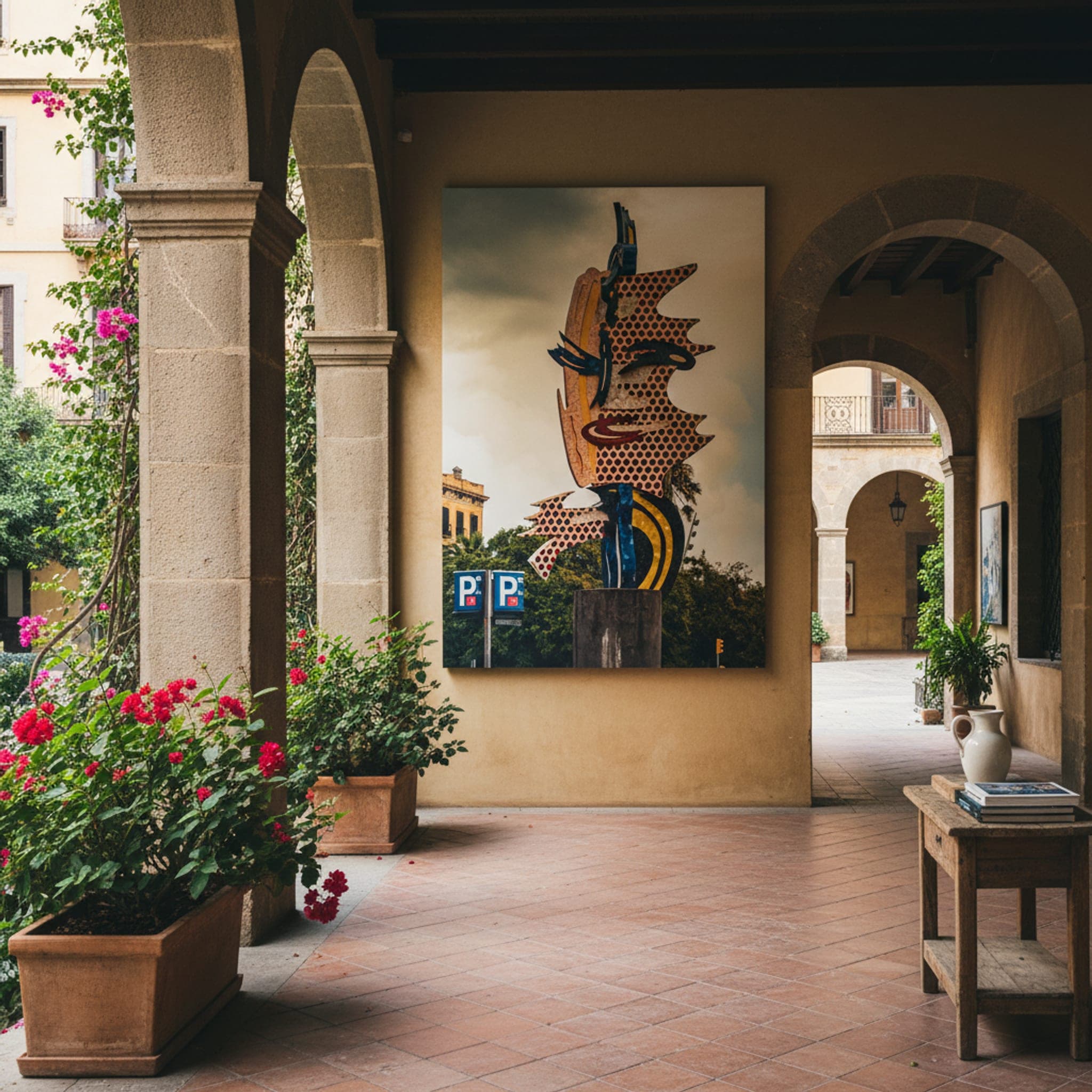 Barcelona Pop-Art Head shown as a canvas print in a styled interior, view 2 of 3