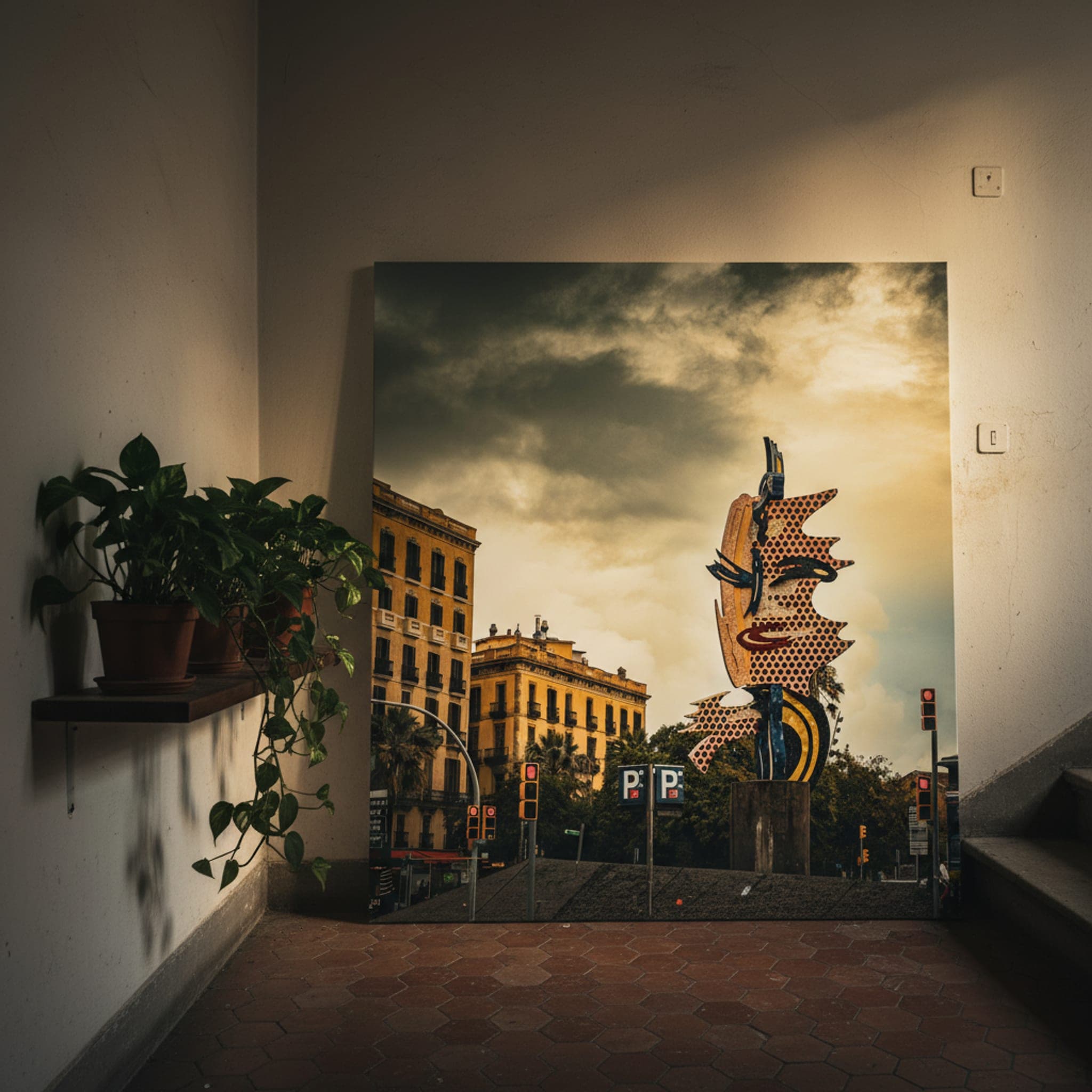Barcelona Pop-Art Head shown as a canvas print in a styled interior, view 3 of 3