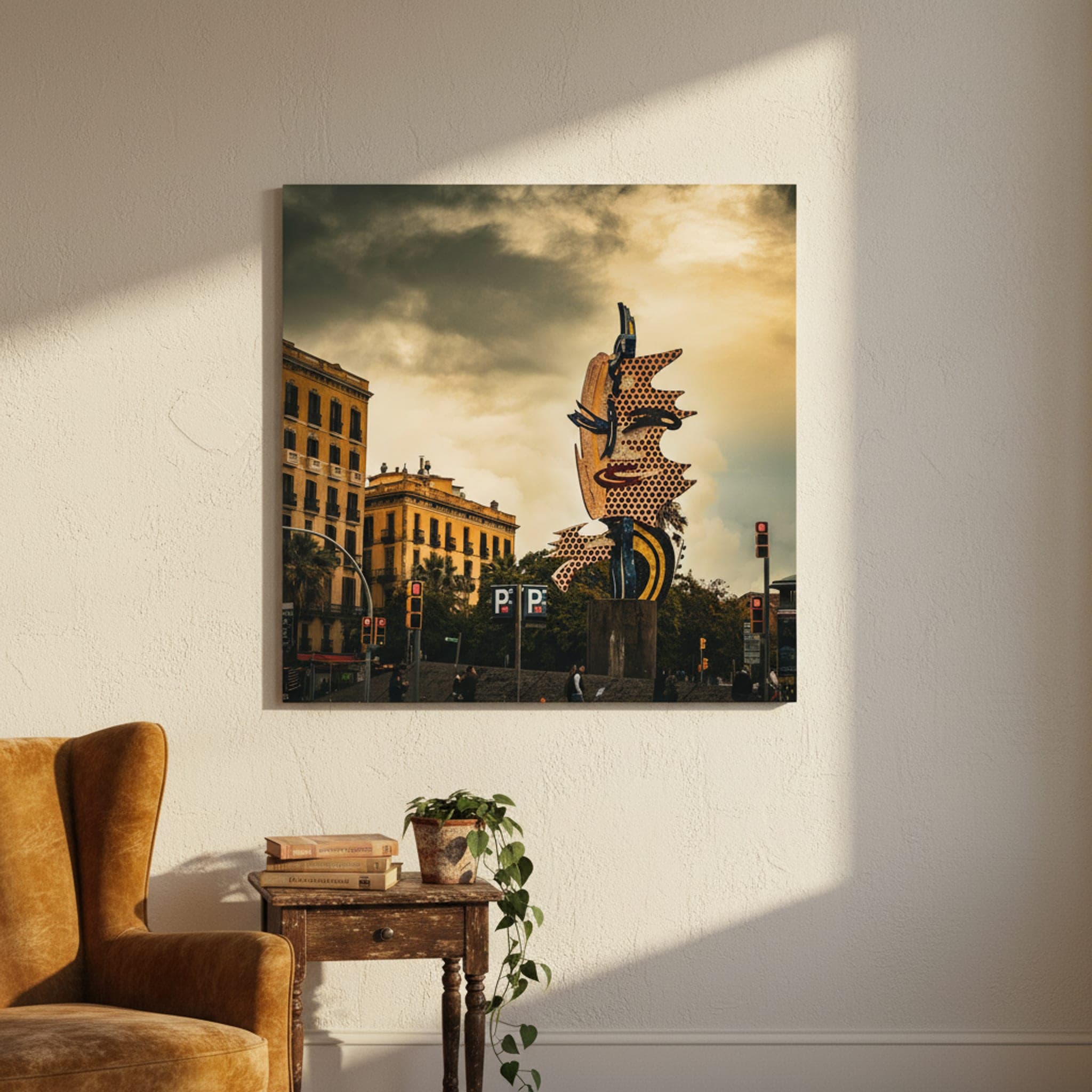 Barcelona Pop-Art Head shown as a canvas print in a styled interior, view 1 of 3