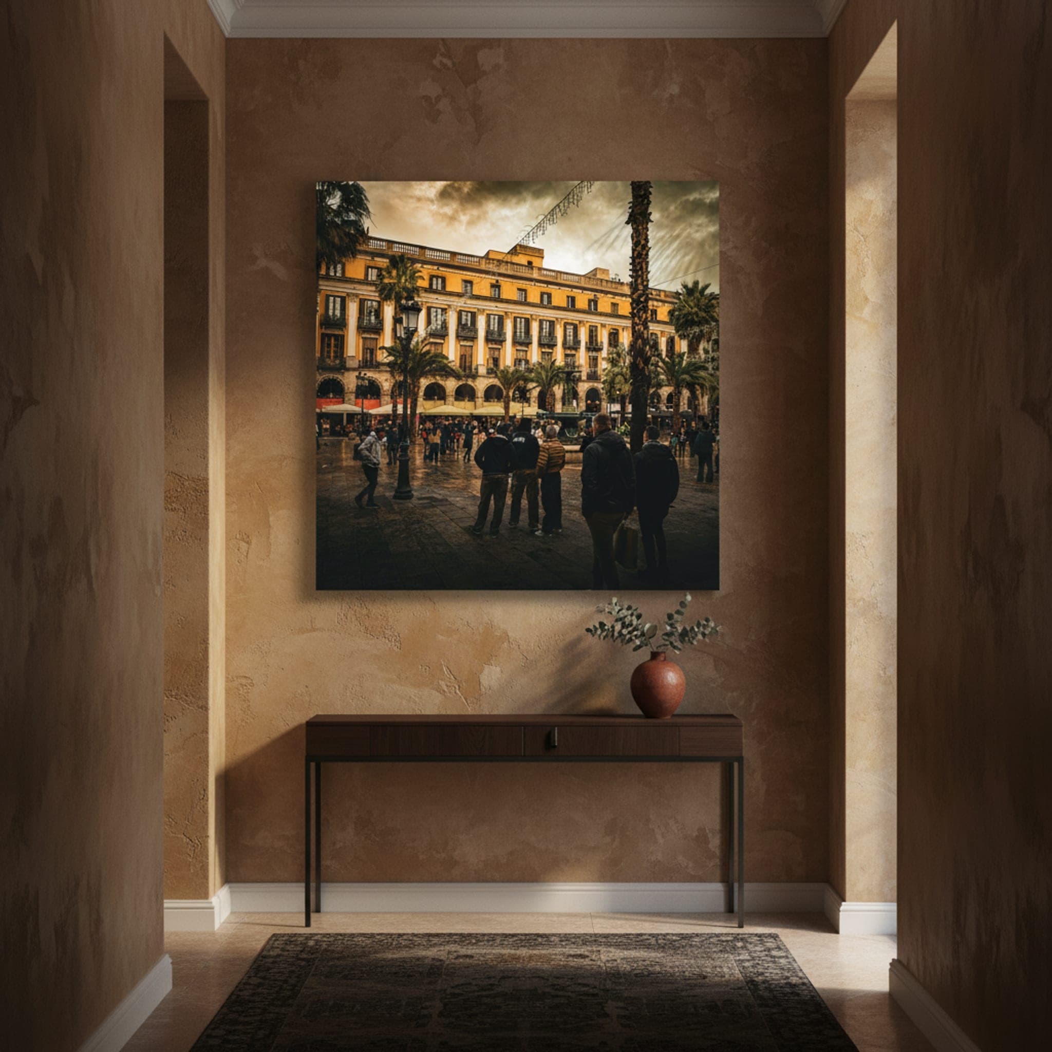 Barcelona's Rainy Square shown as a canvas print in a styled interior, view 3 of 3