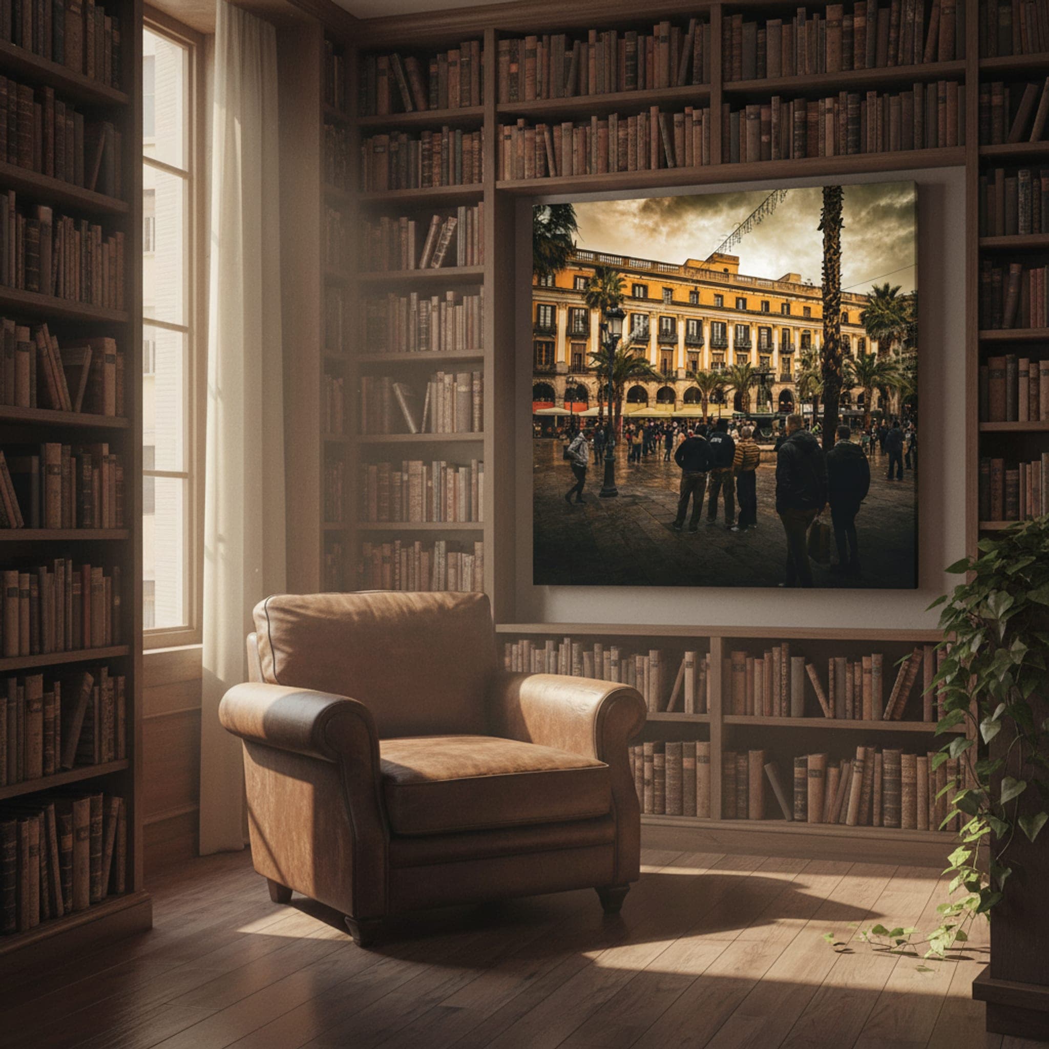 Barcelona's Rainy Square shown as a canvas print in a styled interior, view 1 of 3