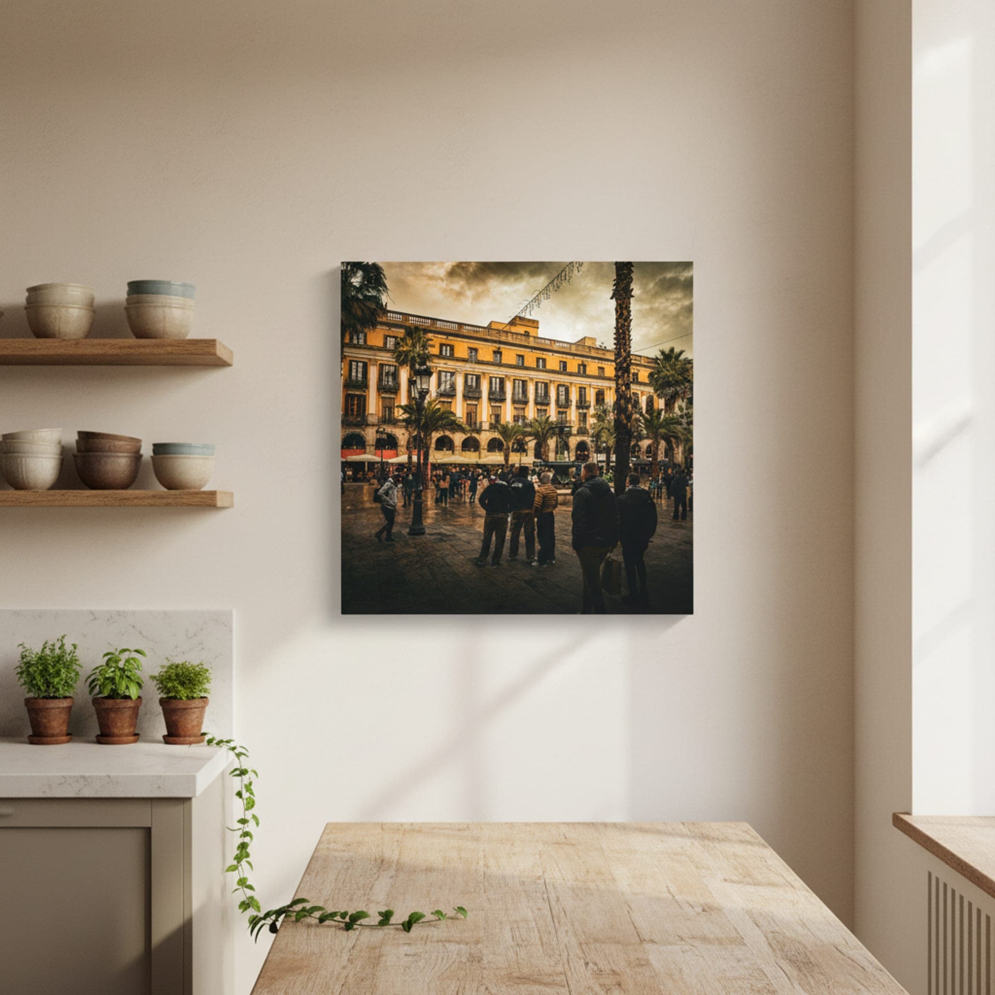 Barcelona's Rainy Square shown as a canvas print in a styled interior, view 2 of 3