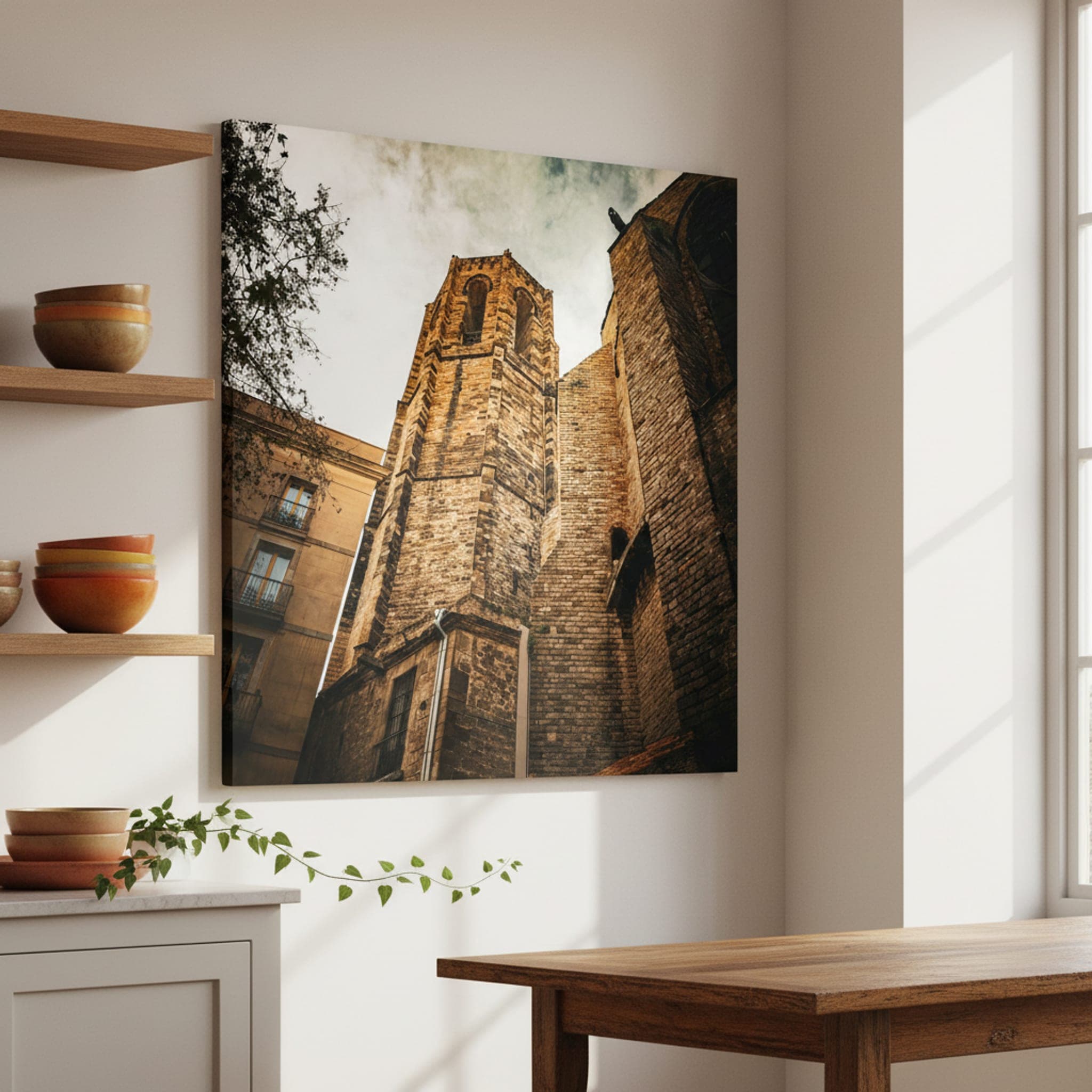 Gothic Tower's Gaze shown as a canvas print in a styled interior, view 1 of 3