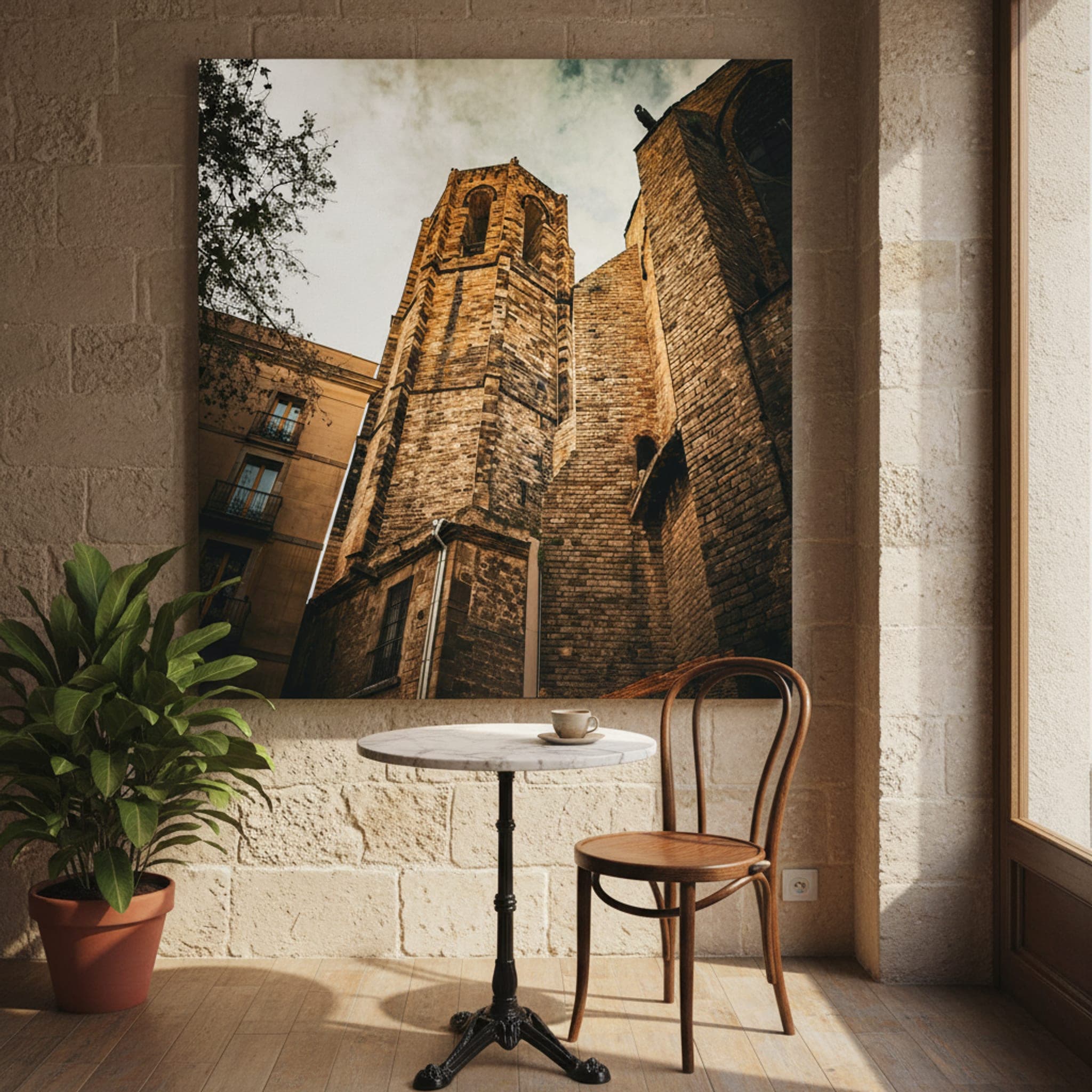 Gothic Tower's Gaze shown as a canvas print in a styled interior, view 3 of 3