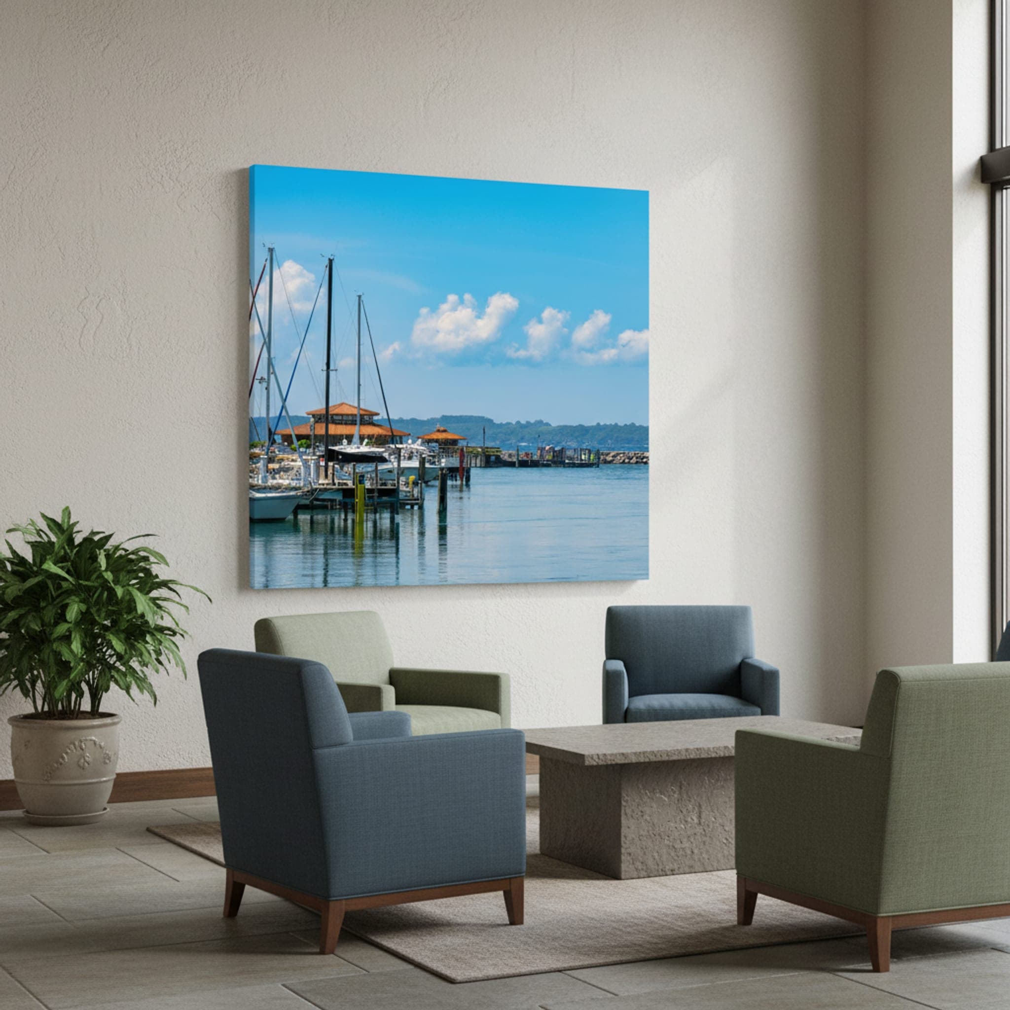 Michigan Marina Serenity shown as a canvas print in a styled interior, view 2 of 3