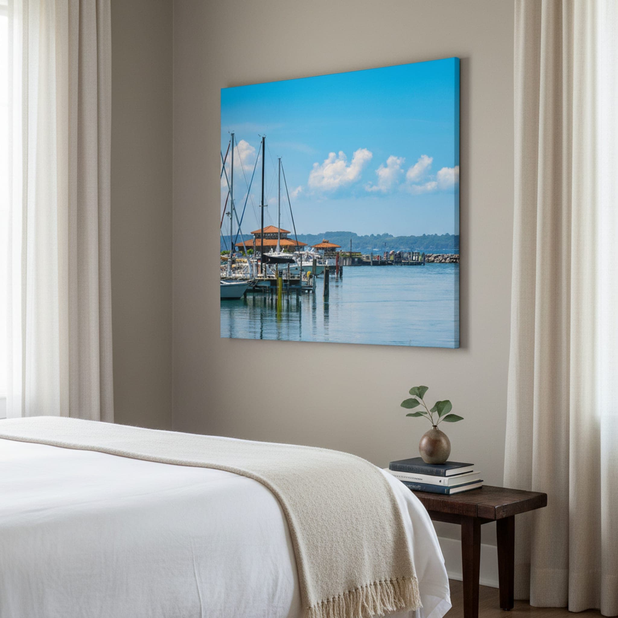 Michigan Marina Serenity shown as a canvas print in a styled interior, view 1 of 3