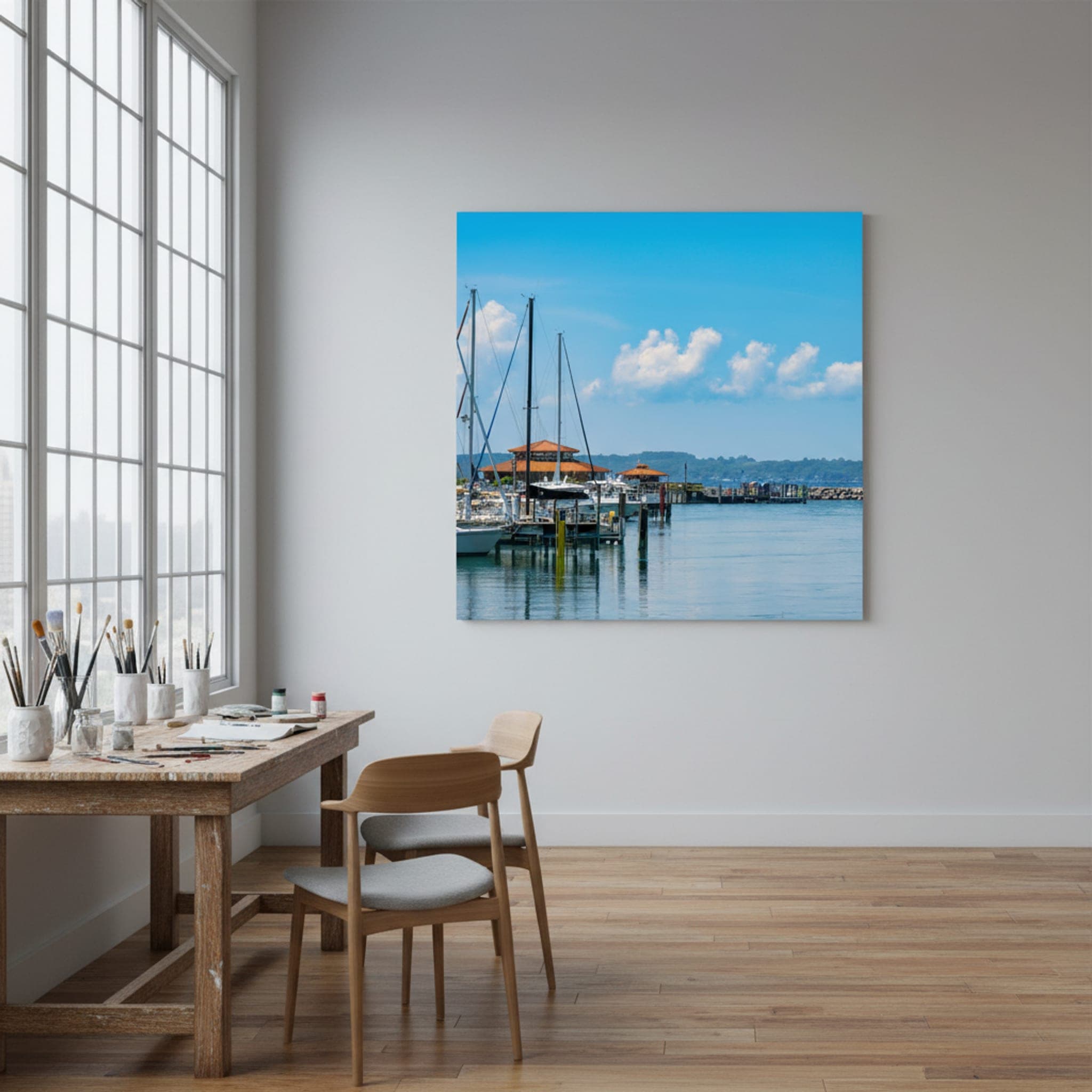 Michigan Marina Serenity shown as a canvas print in a styled interior, view 3 of 3