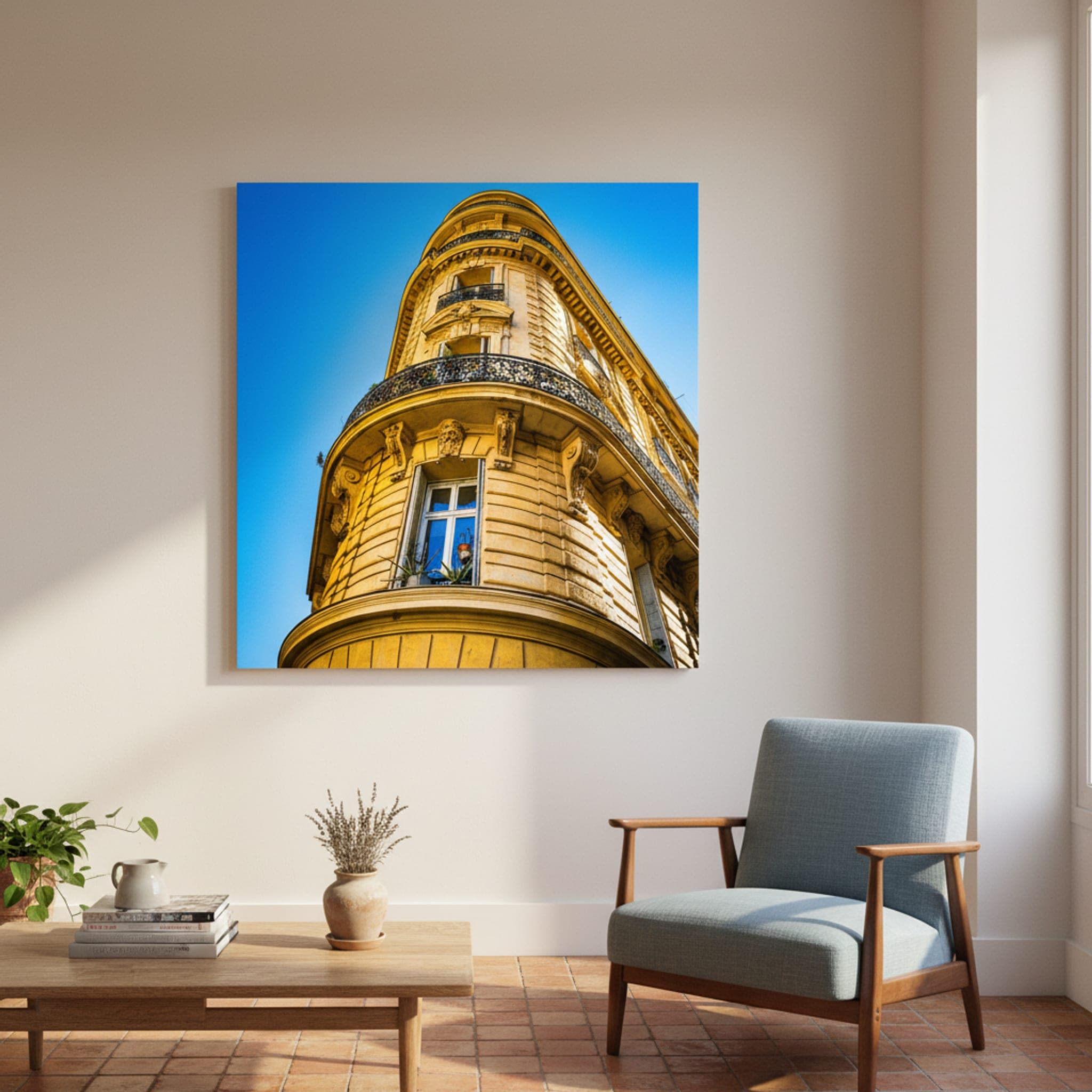 Marseille Ochre Curve shown as a canvas print in a styled interior, view 1 of 3