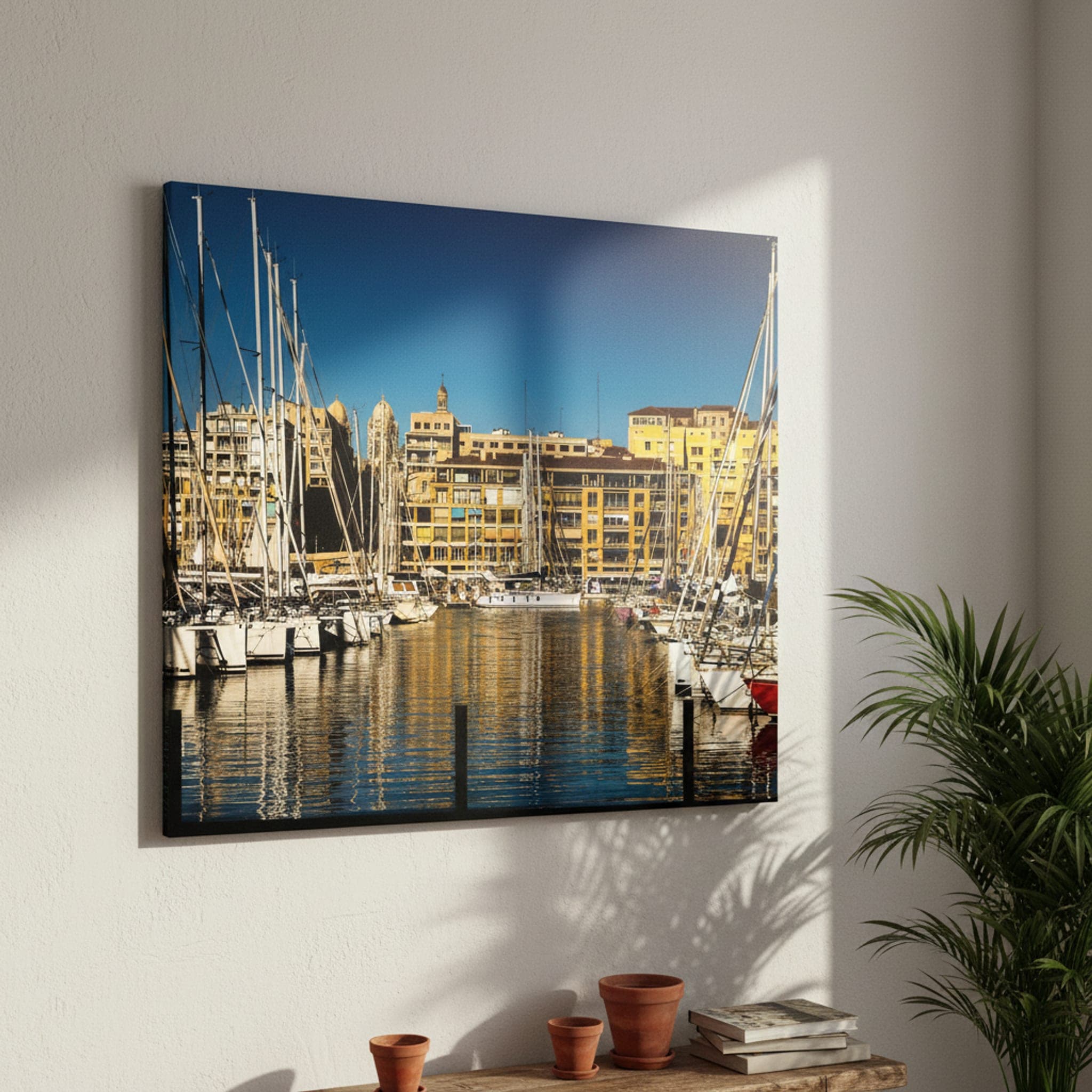 Marseille Sails Golden Quay shown as a canvas print in a styled interior, view 2 of 3