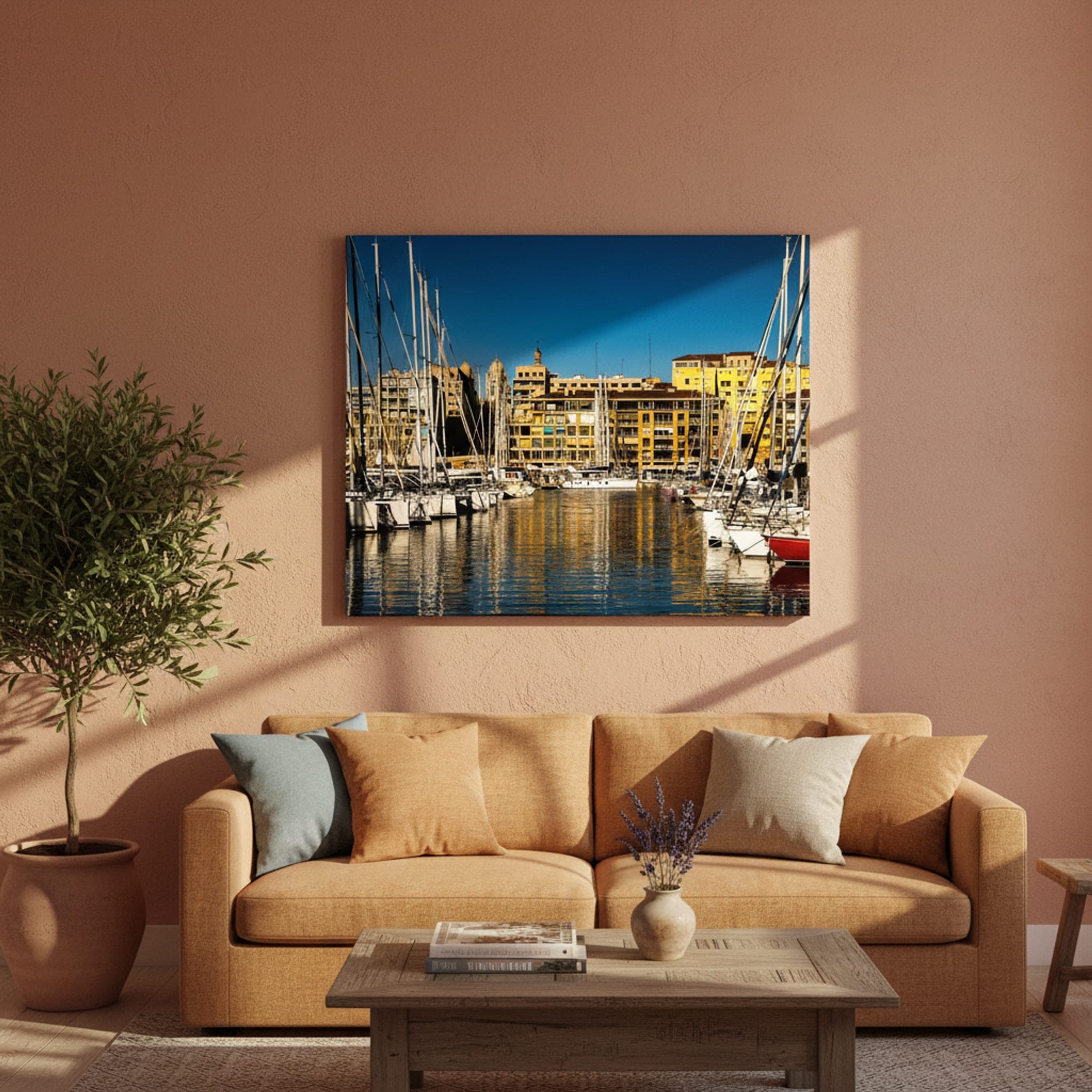 Marseille Sails Golden Quay shown as a canvas print in a styled interior, view 1 of 3
