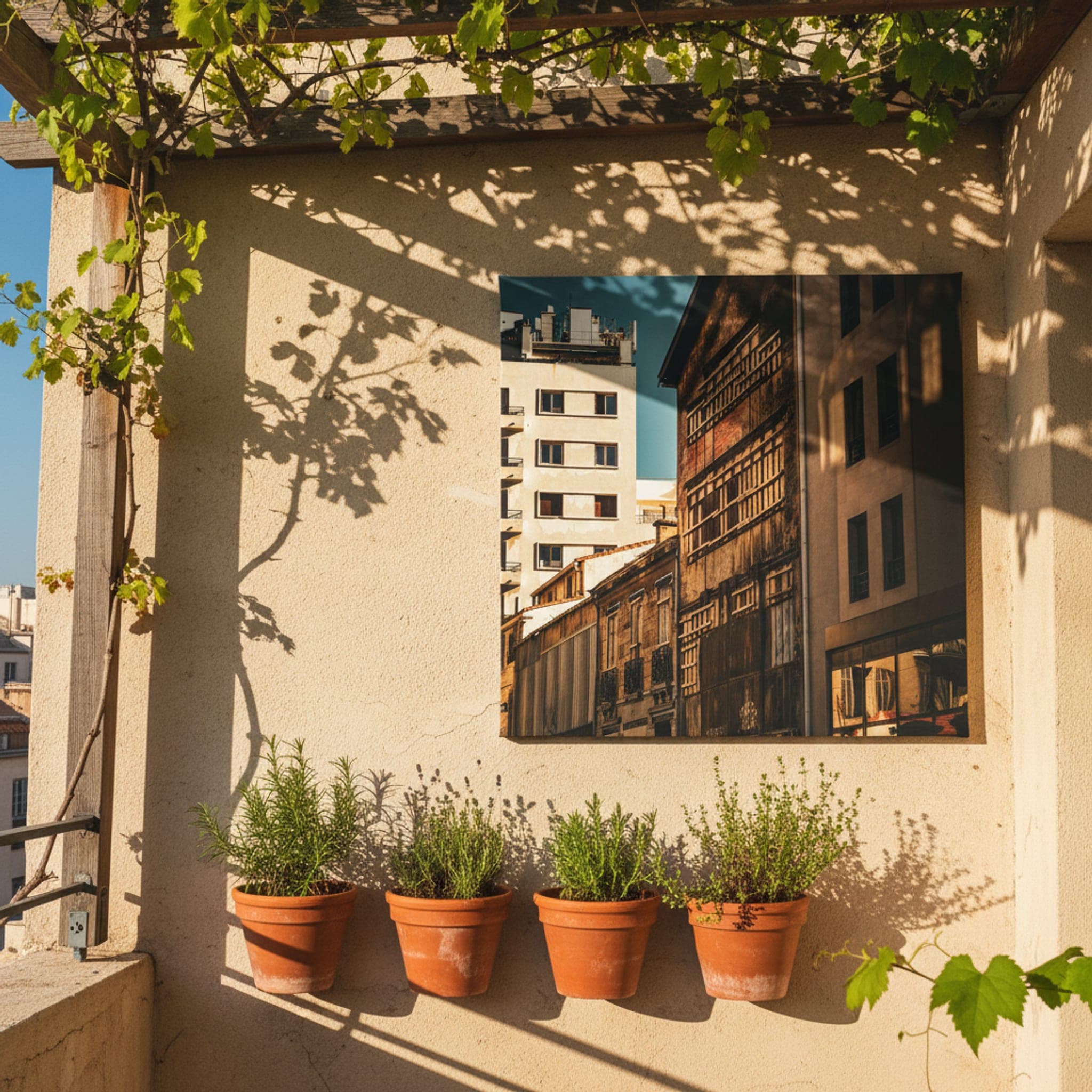 Marseille's Urban Layers shown as a canvas print in a styled interior, view 2 of 3