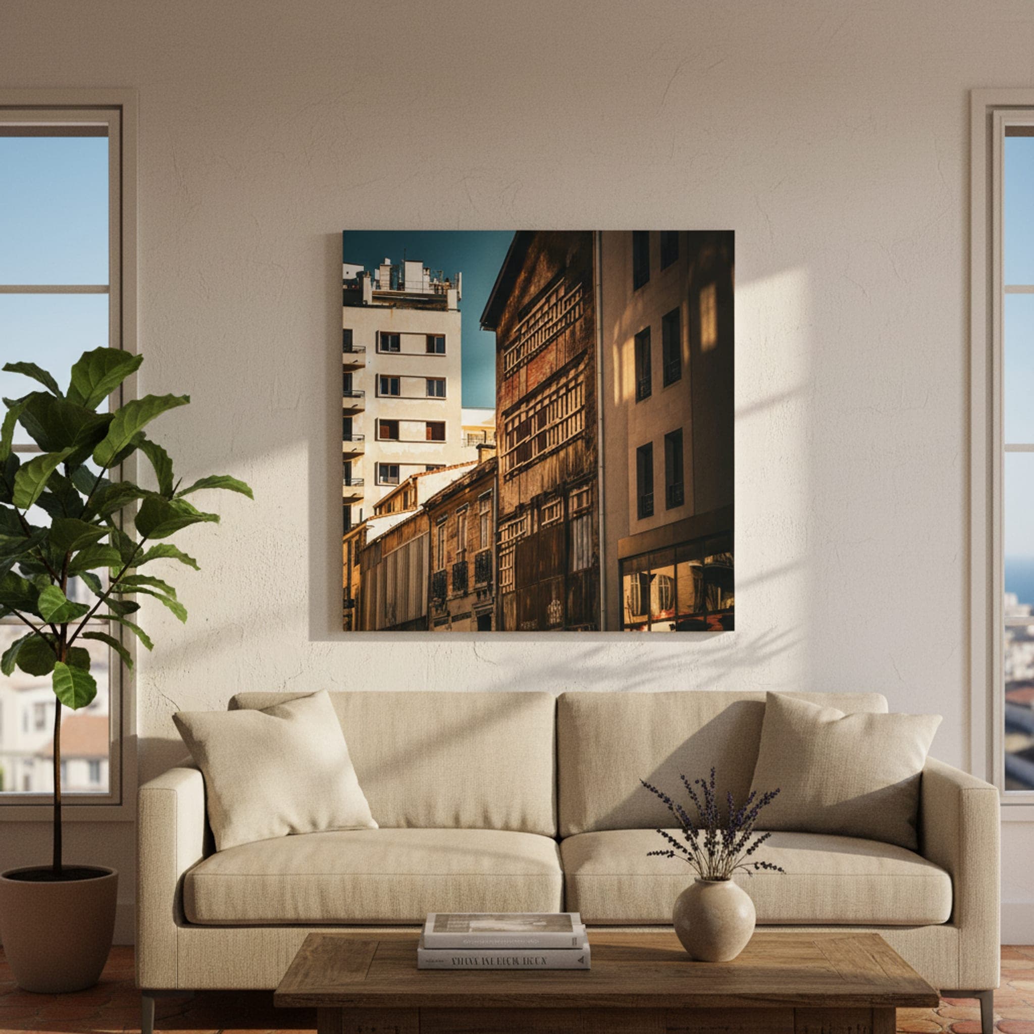 Marseille's Urban Layers shown as a canvas print in a styled interior, view 1 of 3