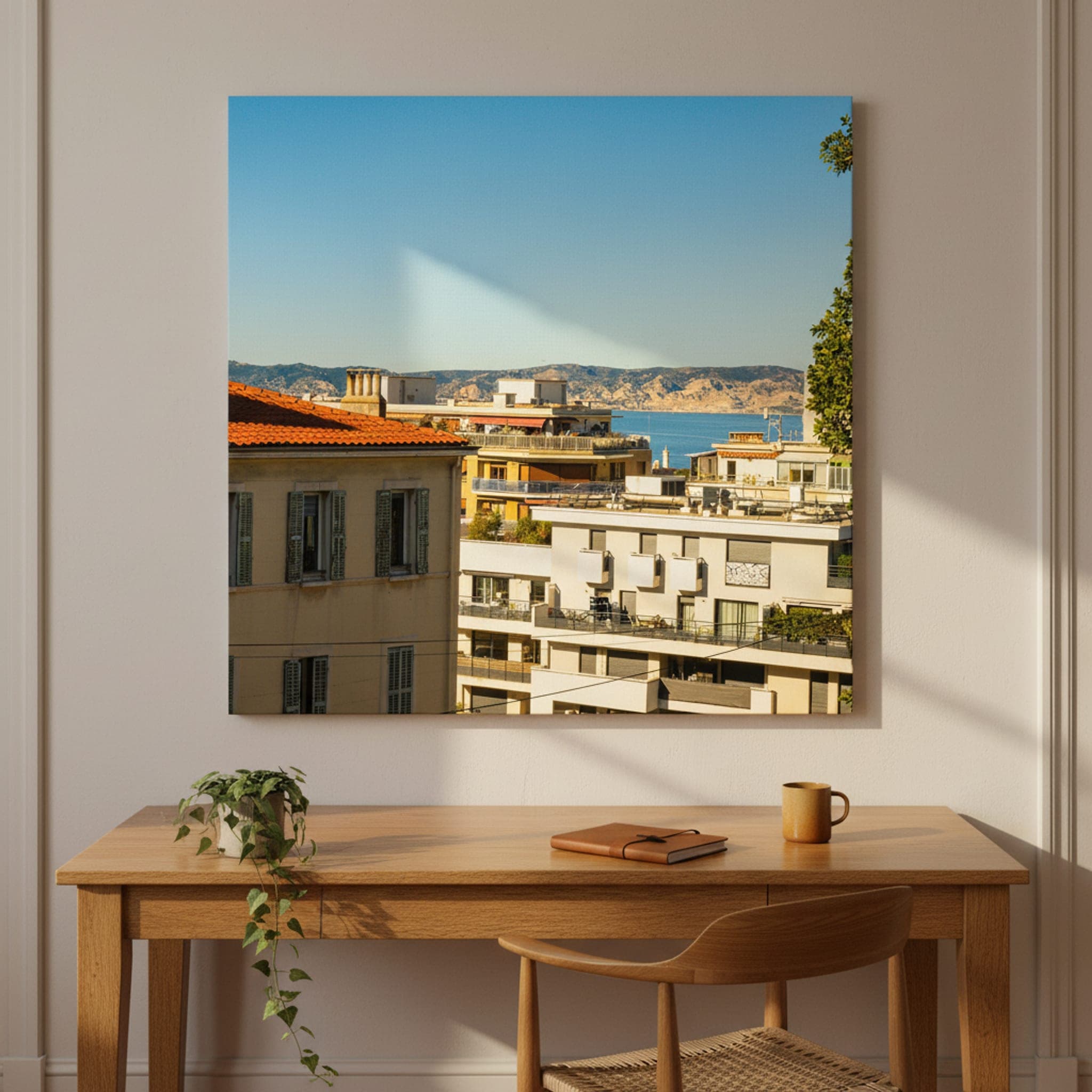 Marseille Rooftops Blue shown as a canvas print in a styled interior, view 3 of 3