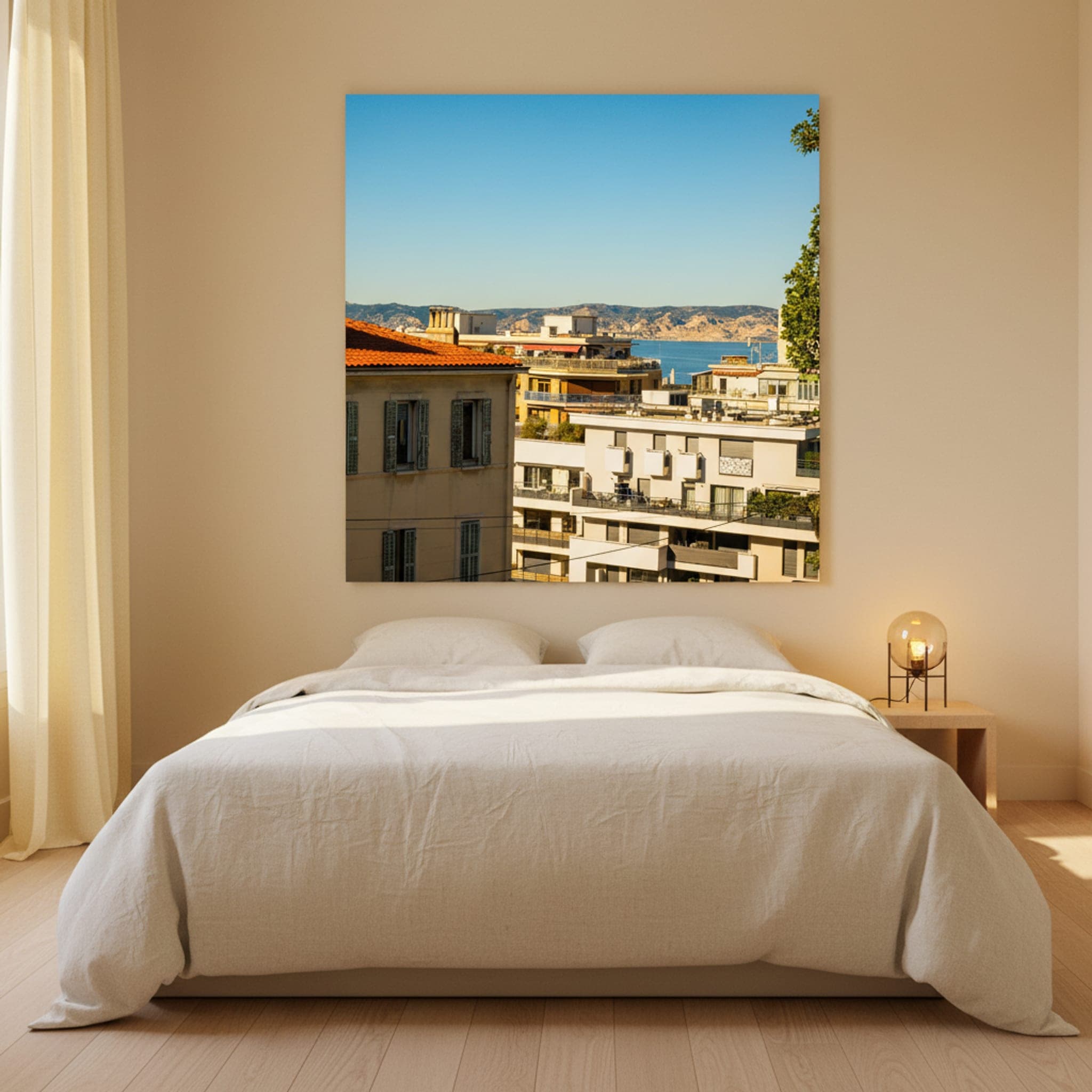 Marseille Rooftops Blue shown as a canvas print in a styled interior, view 1 of 3