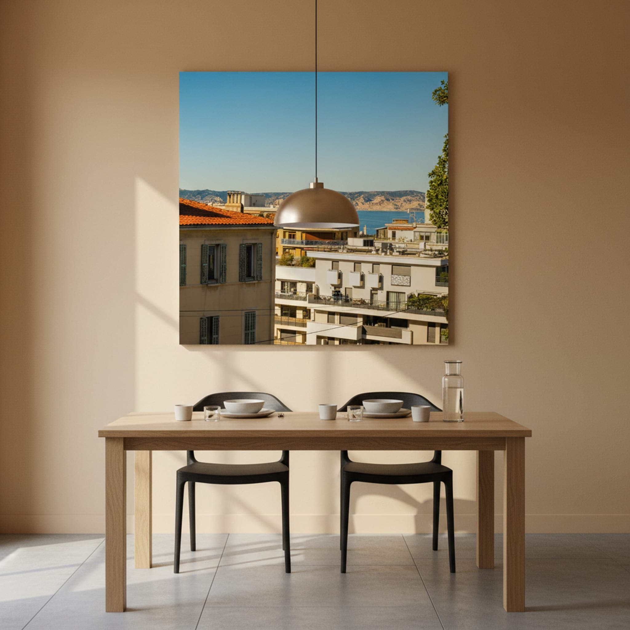 Marseille Rooftops Blue shown as a canvas print in a styled interior, view 2 of 3