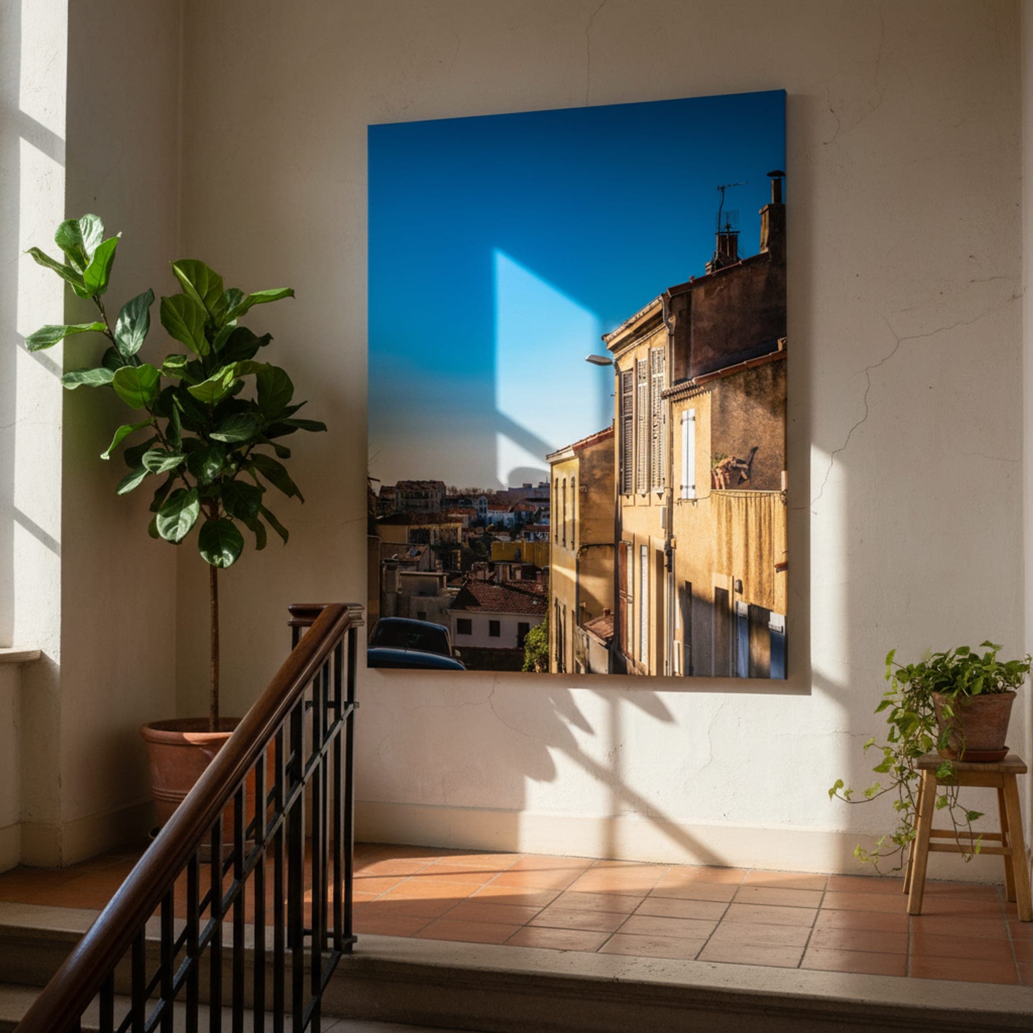 Marseille Sunlight on Cobbles shown as a canvas print in a styled interior, view 3 of 3