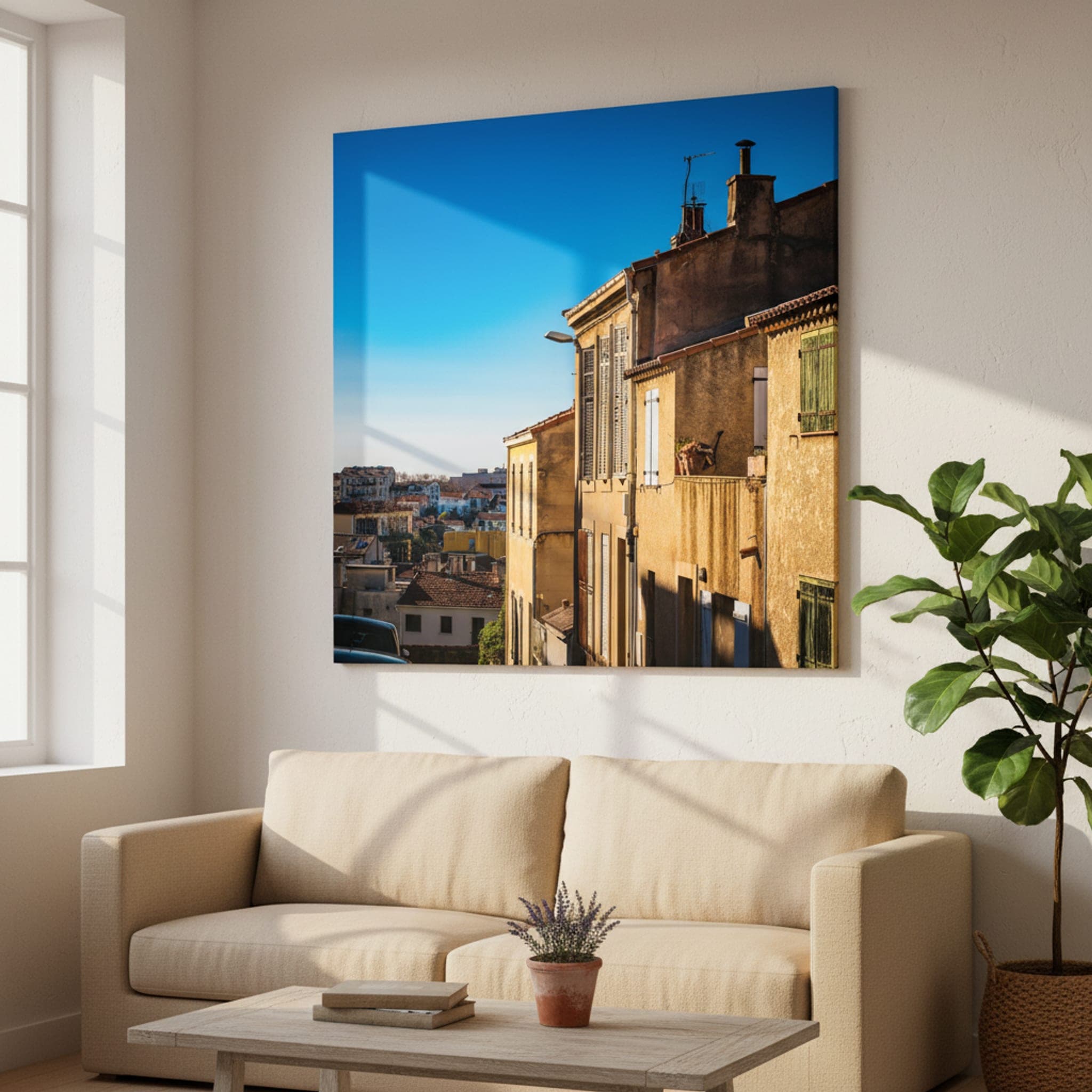Marseille Sunlight on Cobbles shown as a canvas print in a styled interior, view 1 of 3