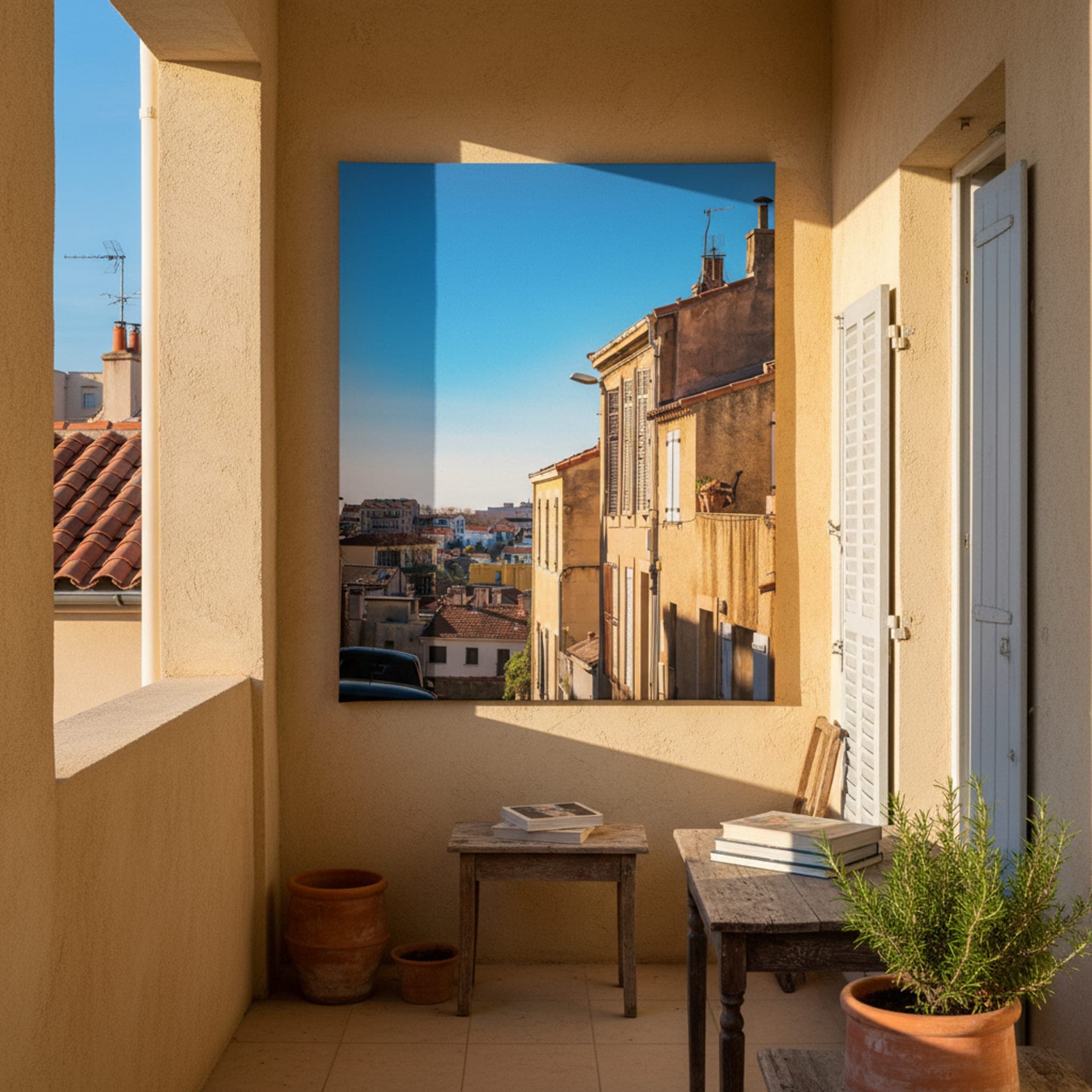 Marseille Sunlight on Cobbles shown as a canvas print in a styled interior, view 2 of 3