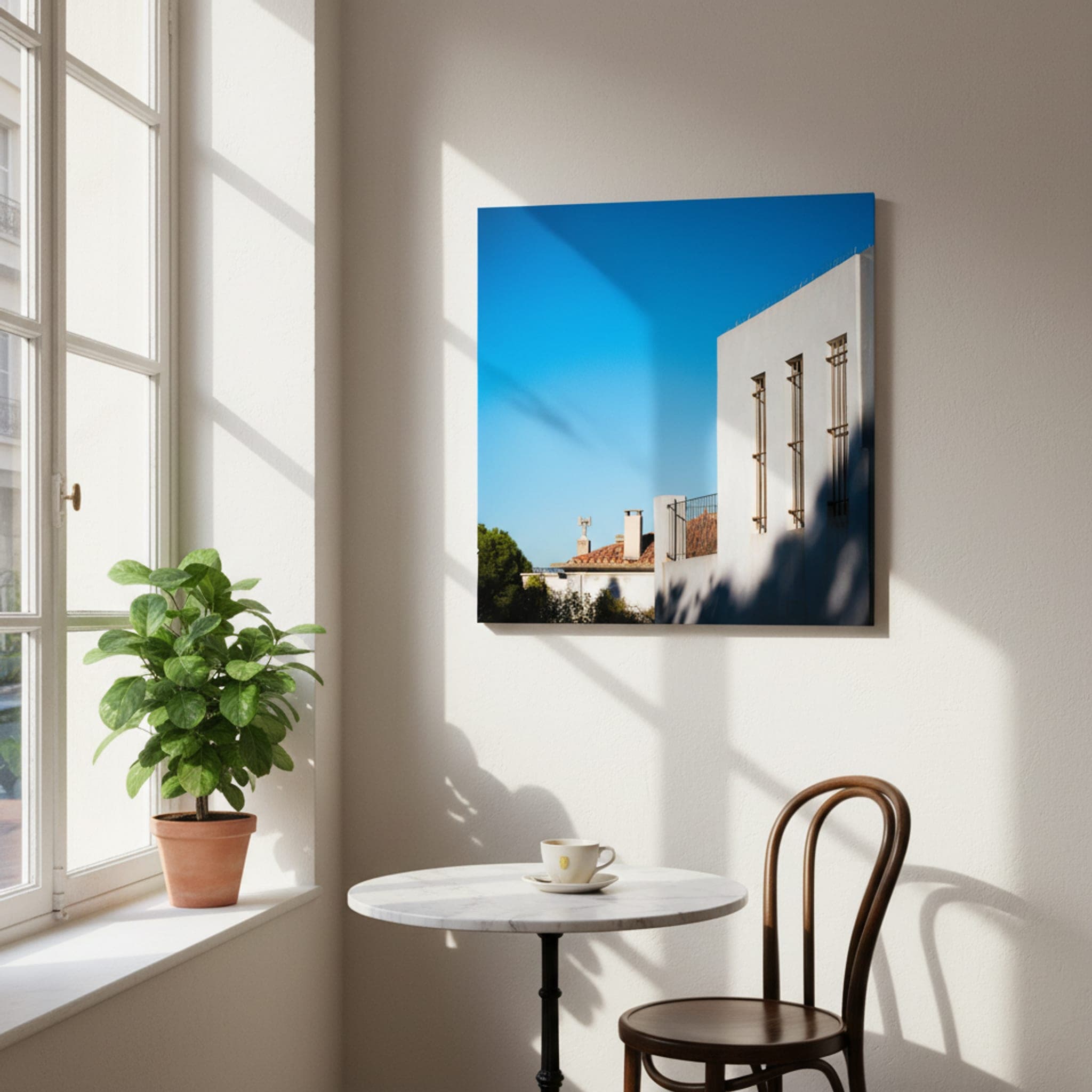 Marseille White Geometry shown as a canvas print in a styled interior, view 1 of 3