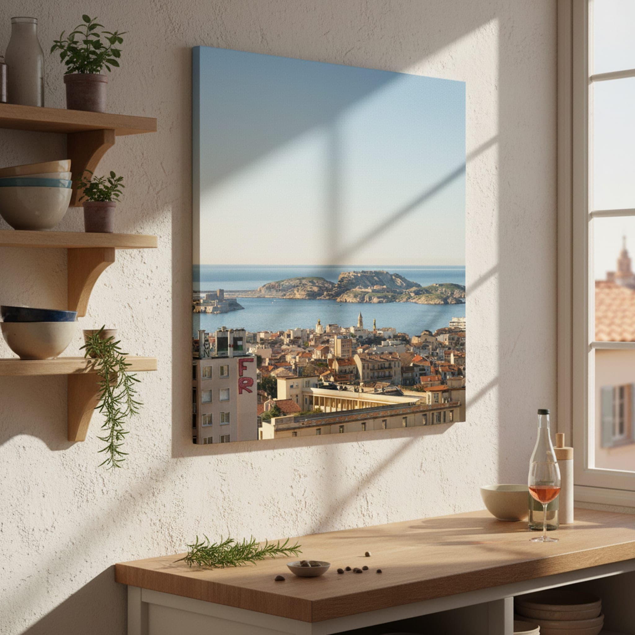 Marseille Islands Horizon shown as a canvas print in a styled interior, view 3 of 3