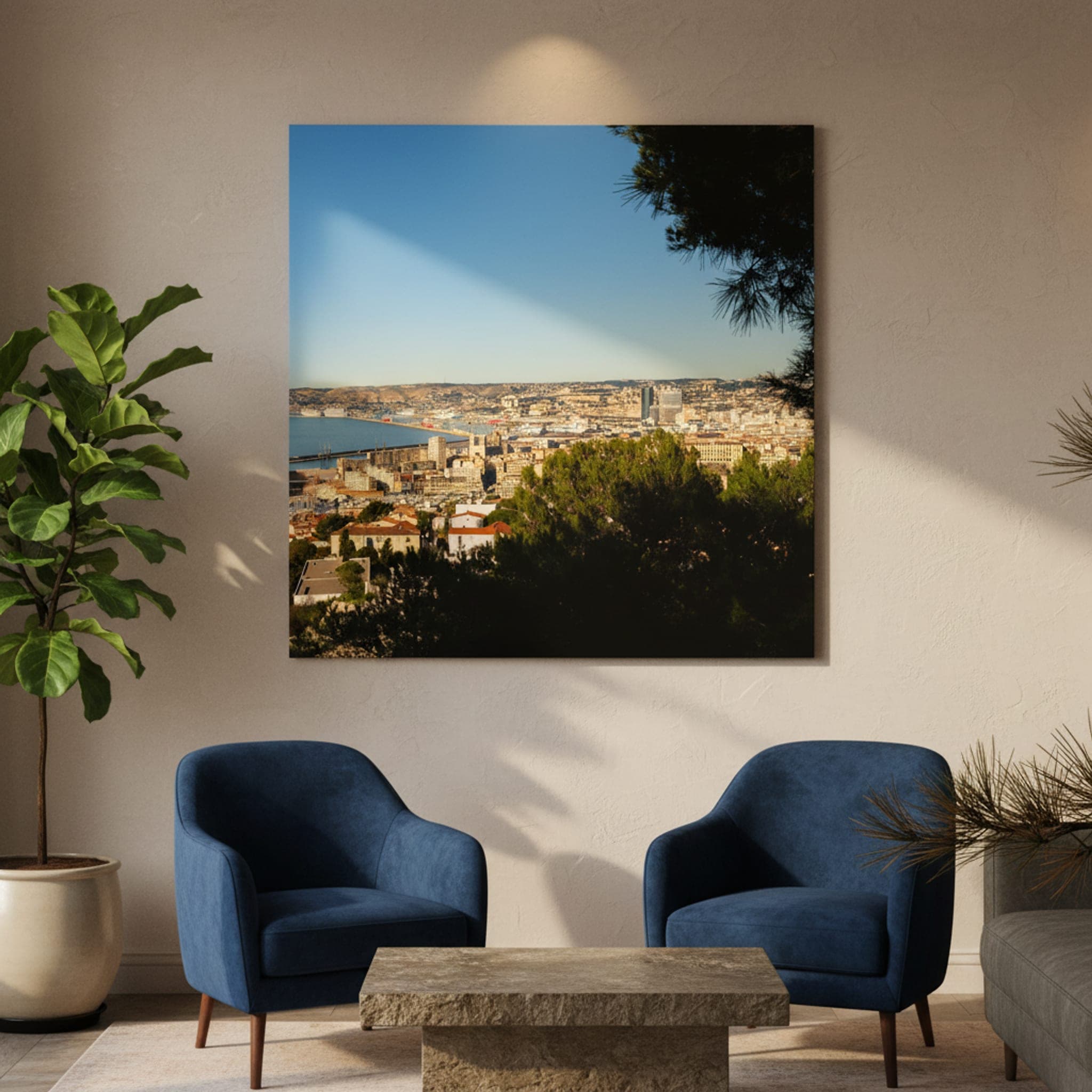 Marseille Coastal Panorama shown as a canvas print in a styled interior, view 3 of 3