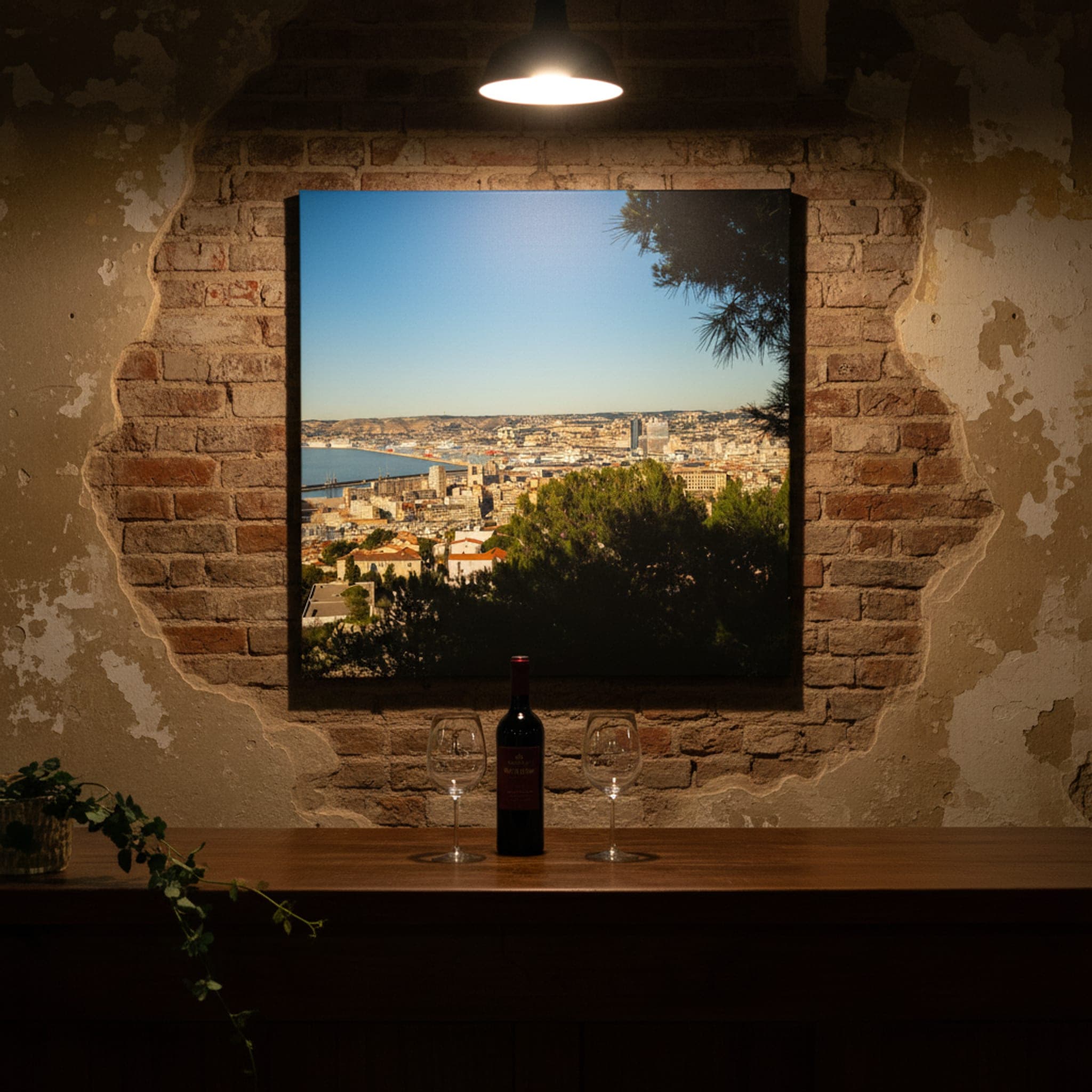 Marseille Coastal Panorama shown as a canvas print in a styled interior, view 1 of 3
