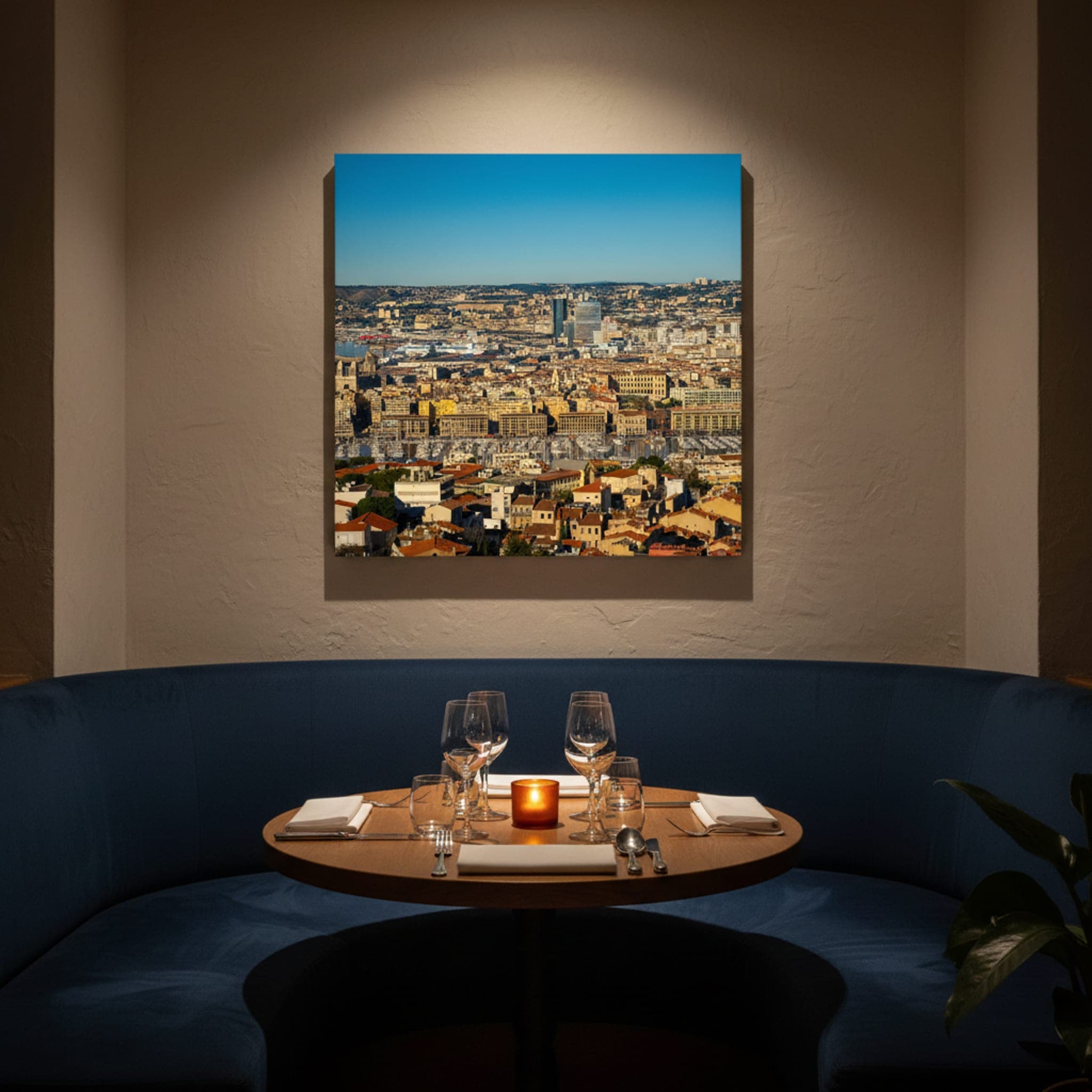 Marseille Coastal Panorama shown as a canvas print in a styled interior, view 3 of 3