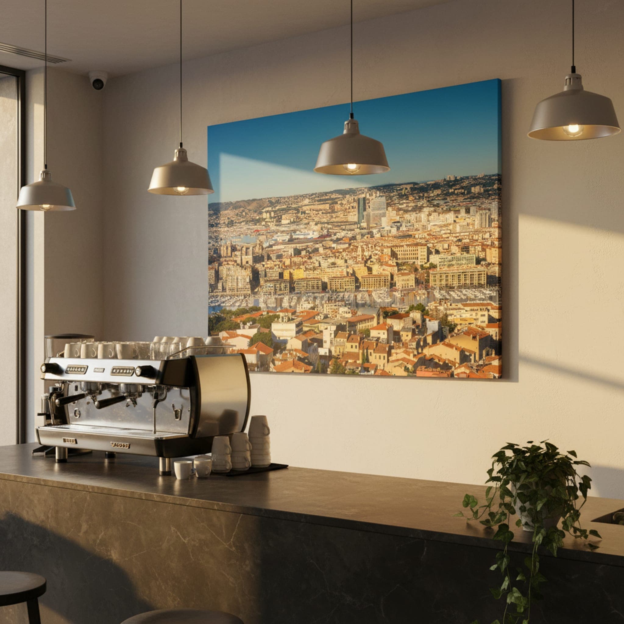 Marseille Coastal Panorama shown as a canvas print in a styled interior, view 2 of 3