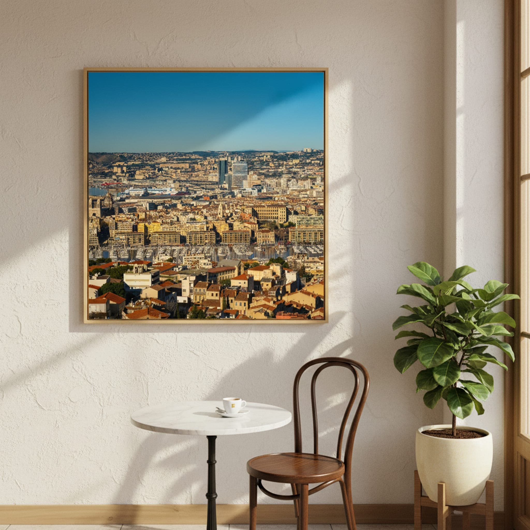 Marseille Coastal Panorama shown as a canvas print in a styled interior, view 1 of 3