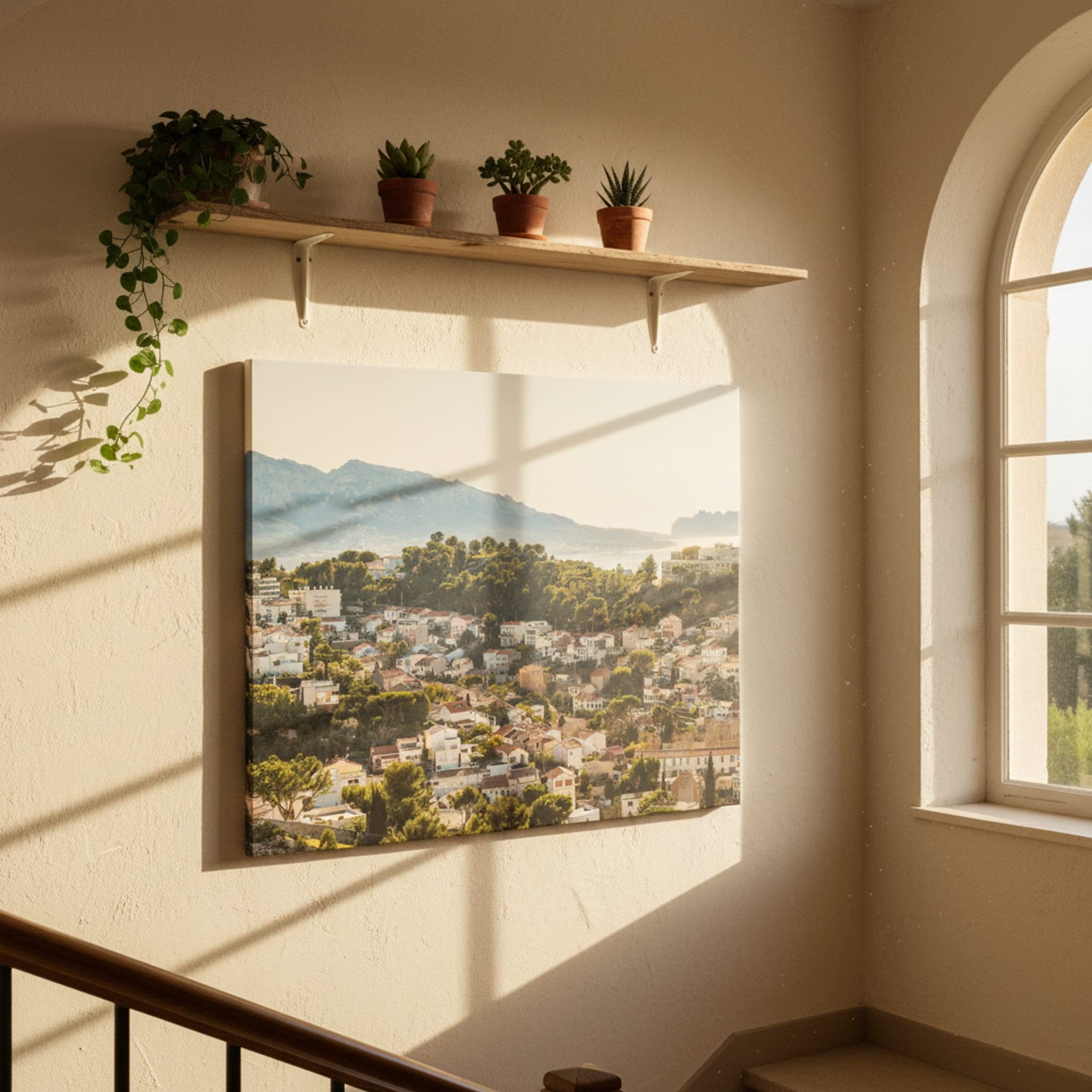 Marseille Hillside Sunlight shown as a canvas print in a styled interior, view 2 of 3