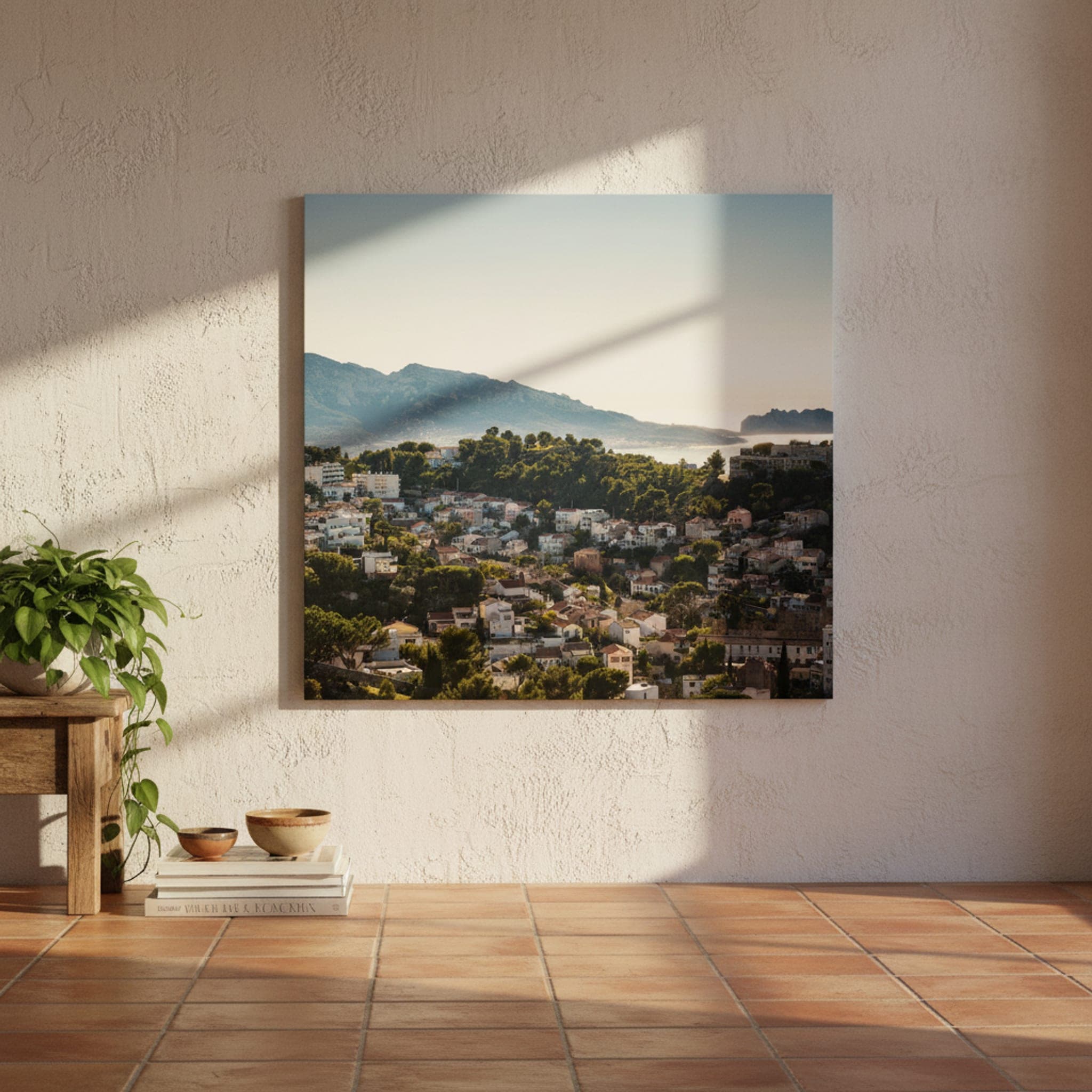 Marseille Hillside Sunlight shown as a canvas print in a styled interior, view 1 of 3