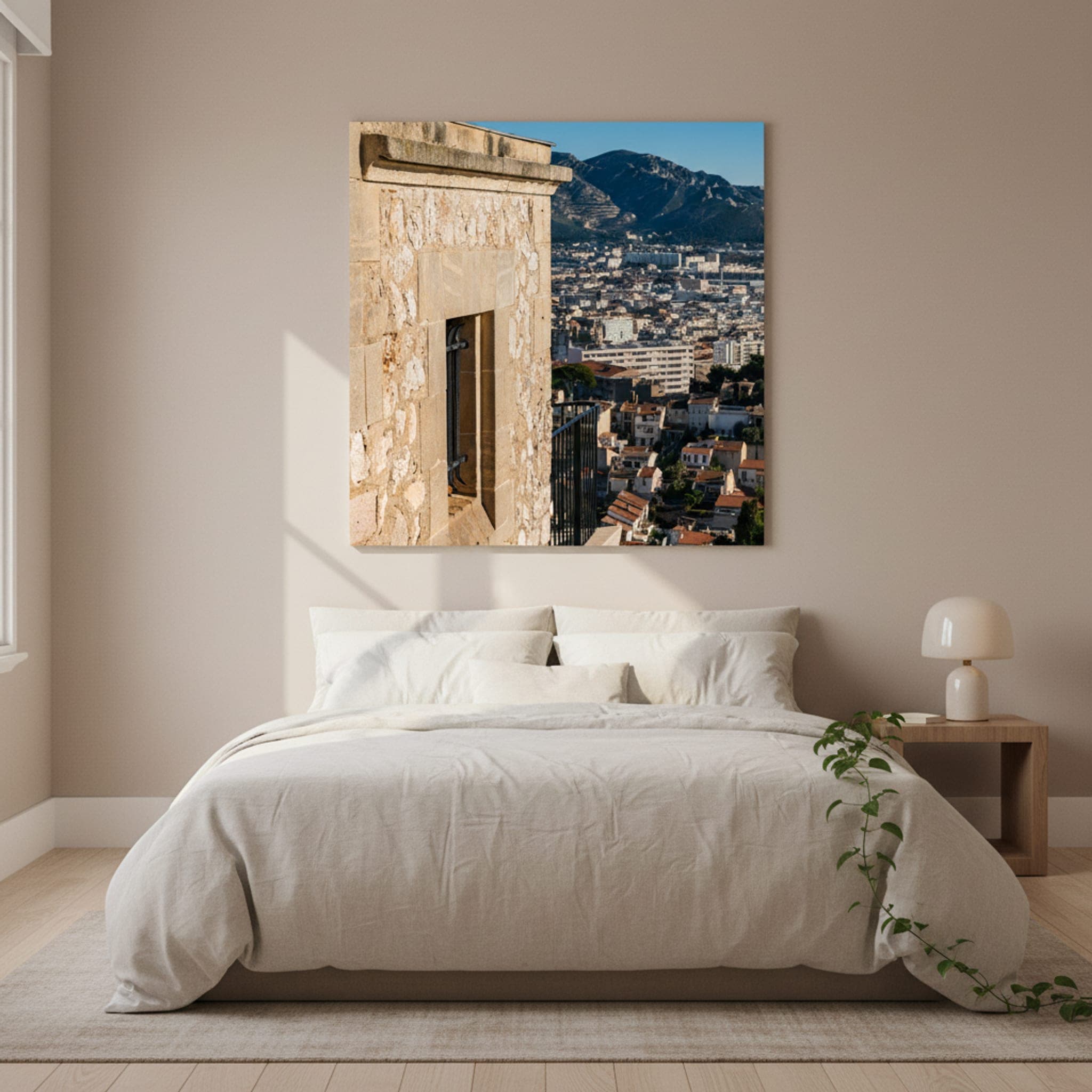 Marseille Vista from Stone Balcony shown as a canvas print in a styled interior, view 2 of 3