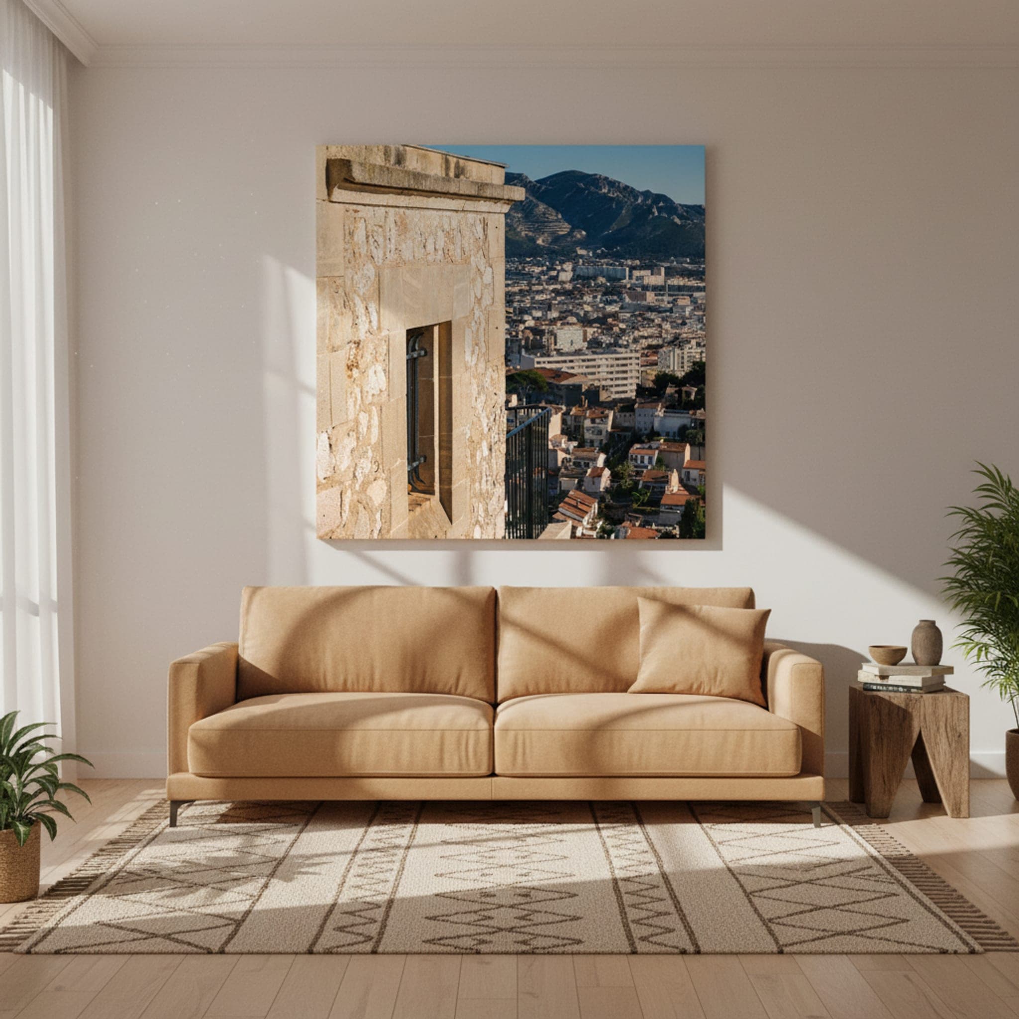 Marseille Vista from Stone Balcony shown as a canvas print in a styled interior, view 1 of 3