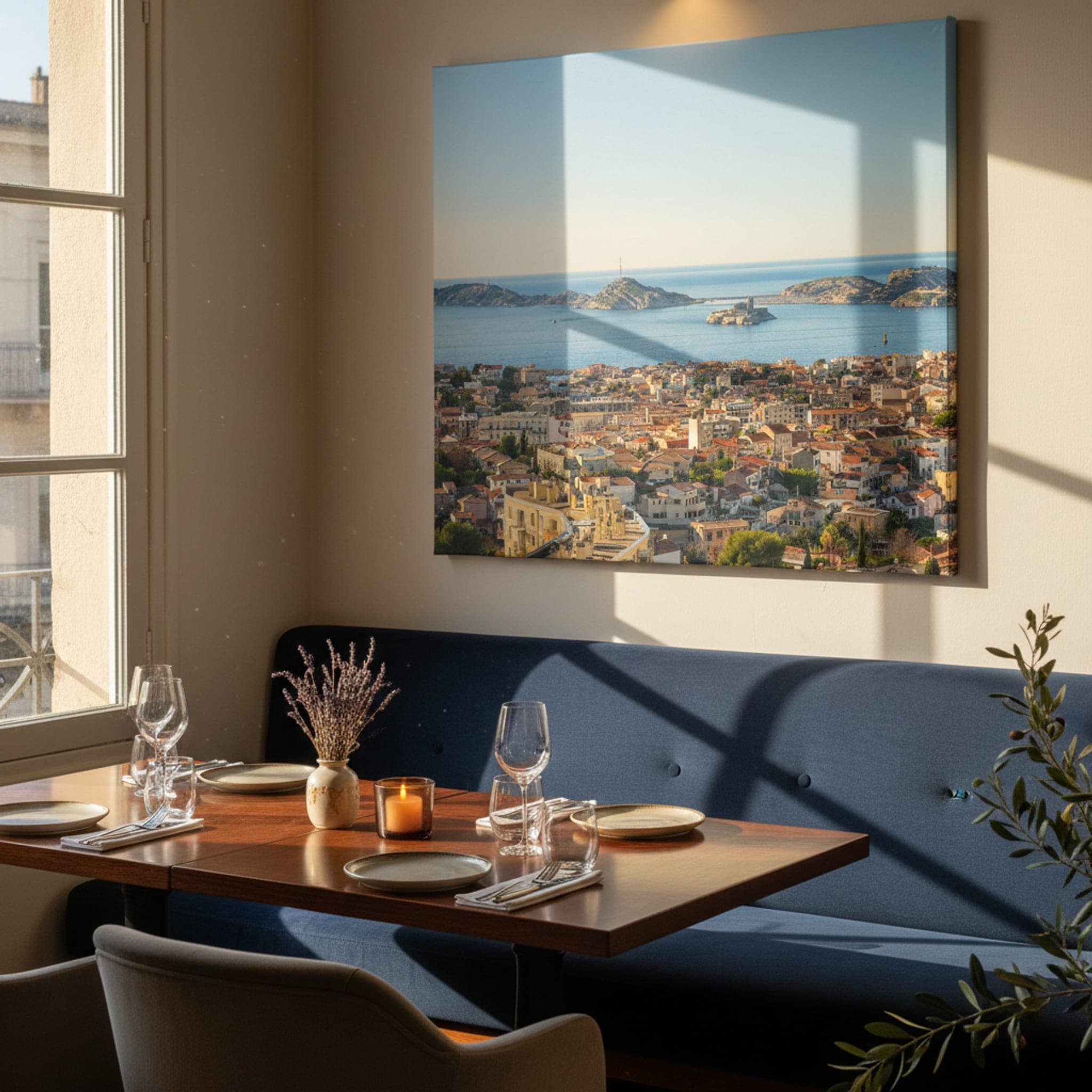 Marseille Horizon, Mediterranean Jewel shown as a canvas print in a styled interior, view 3 of 3