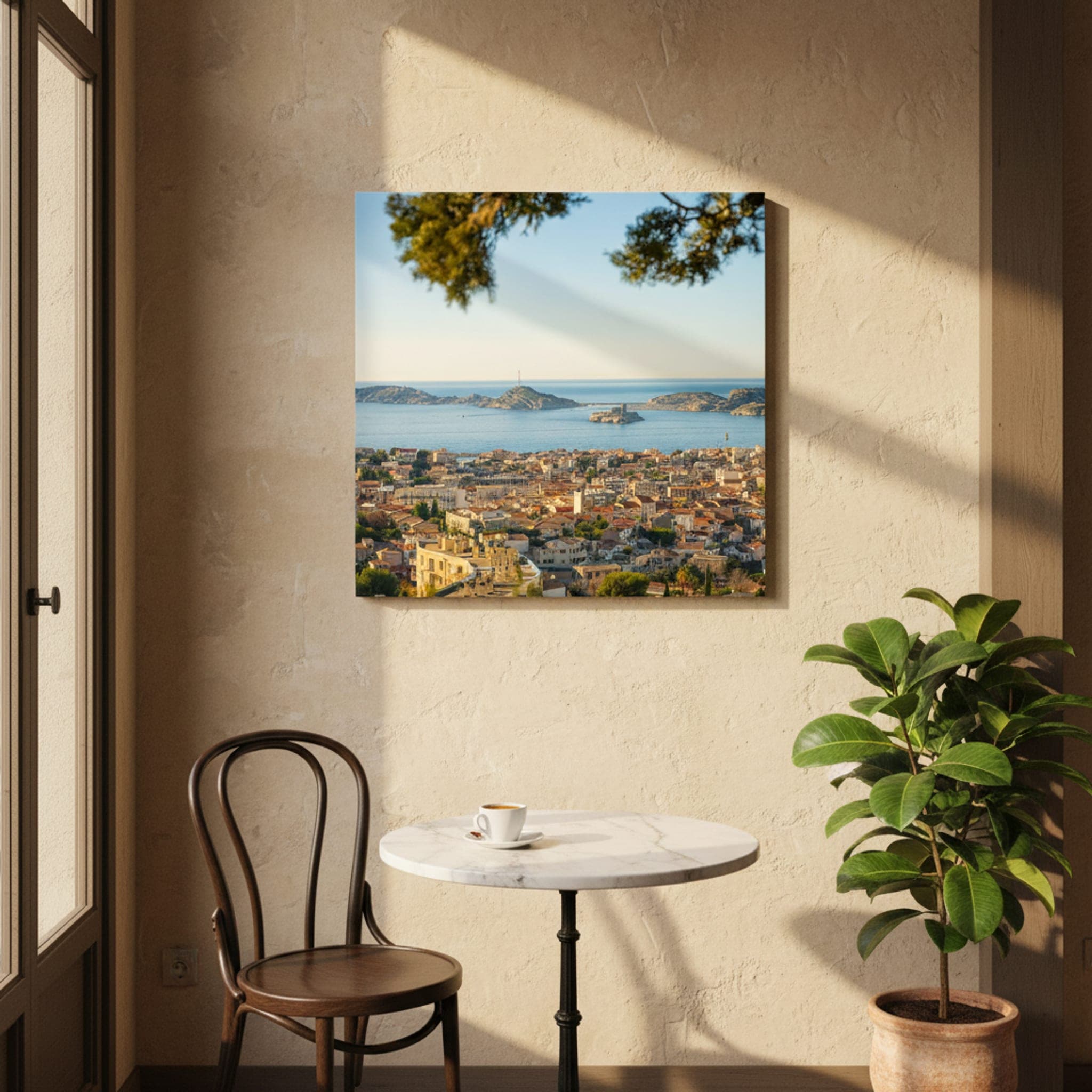 Marseille Horizon, Mediterranean Jewel shown as a canvas print in a styled interior, view 1 of 3