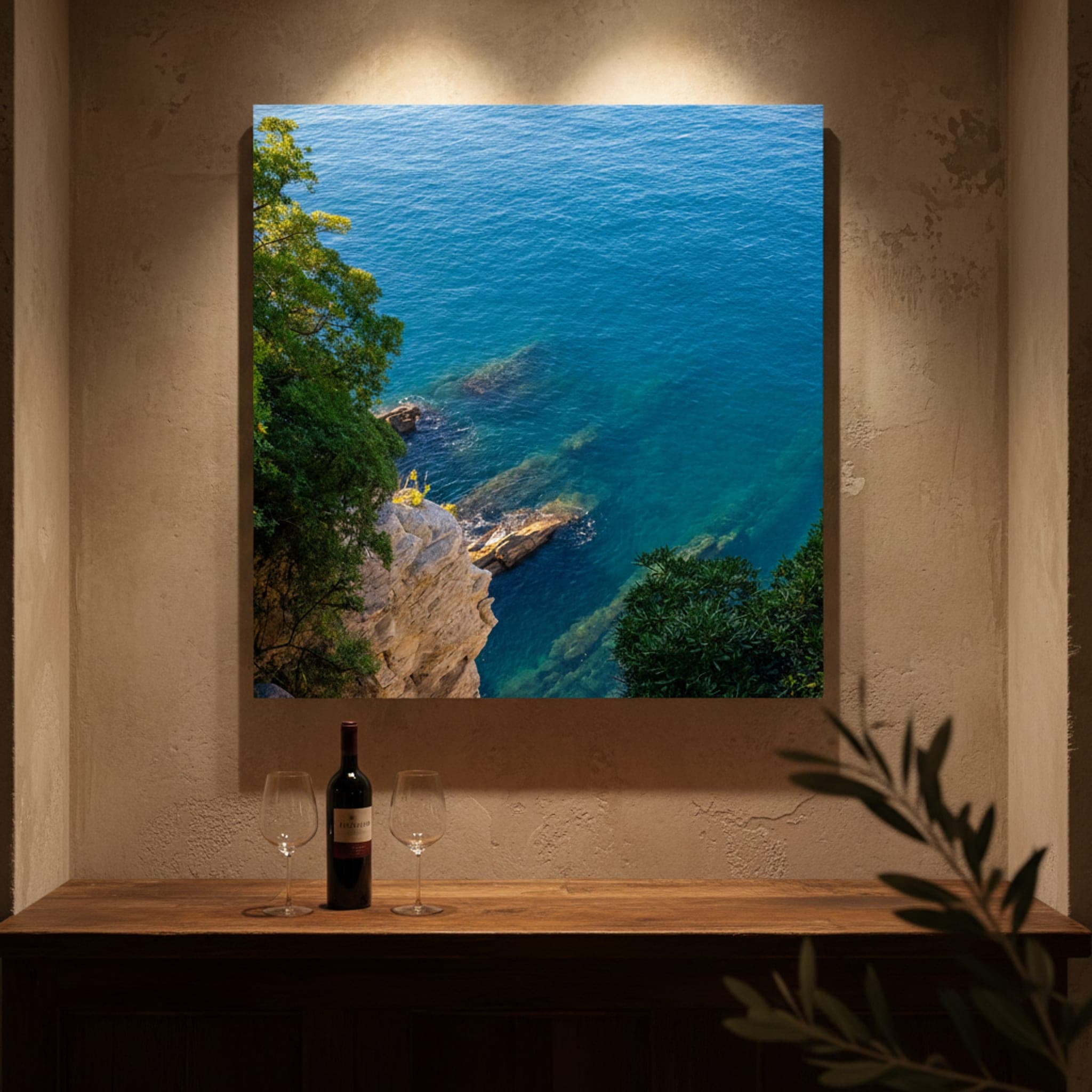 Azure Cliffs of Portofino shown as a canvas print in a styled interior, view 2 of 3