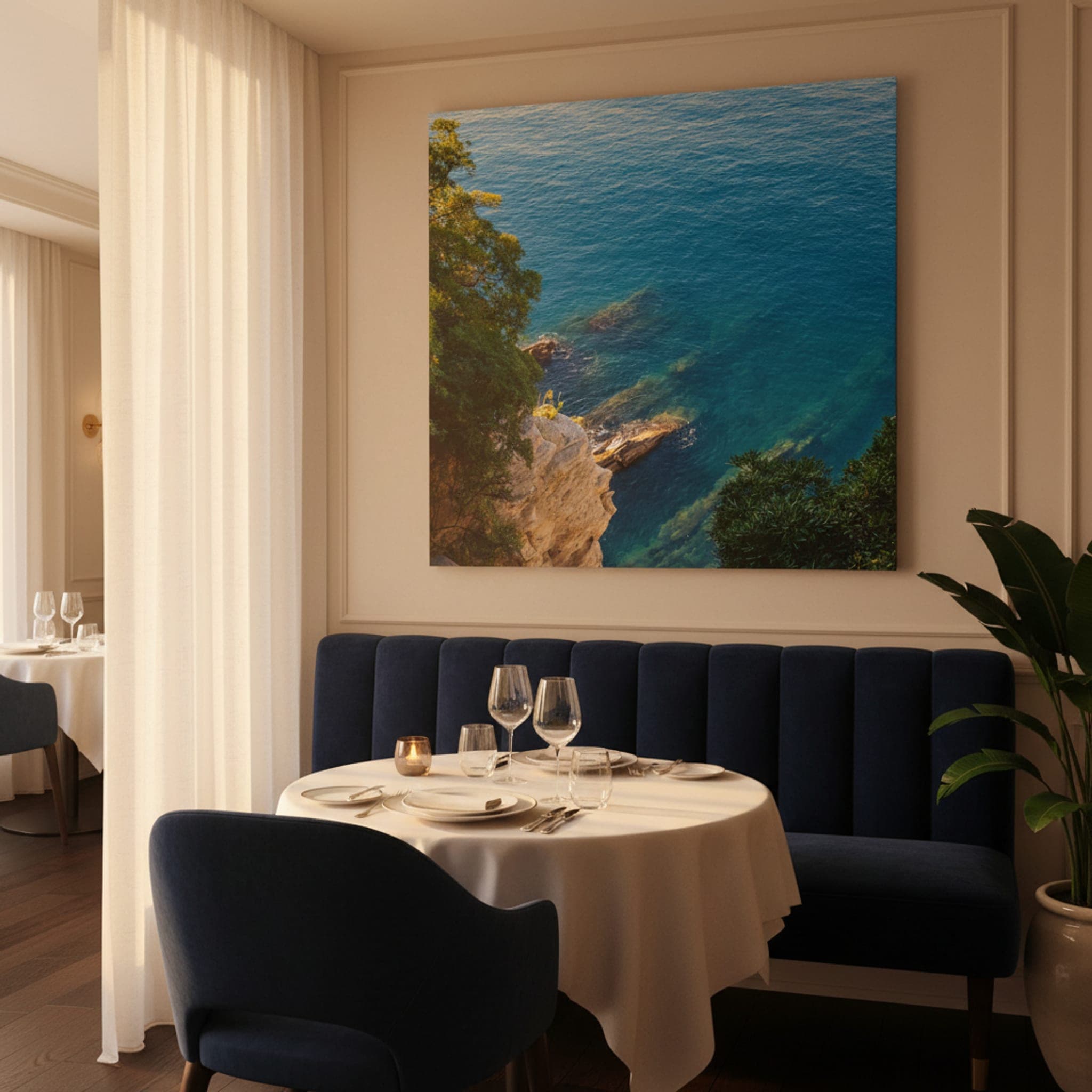 Azure Cliffs of Portofino shown as a canvas print in a styled interior, view 1 of 3
