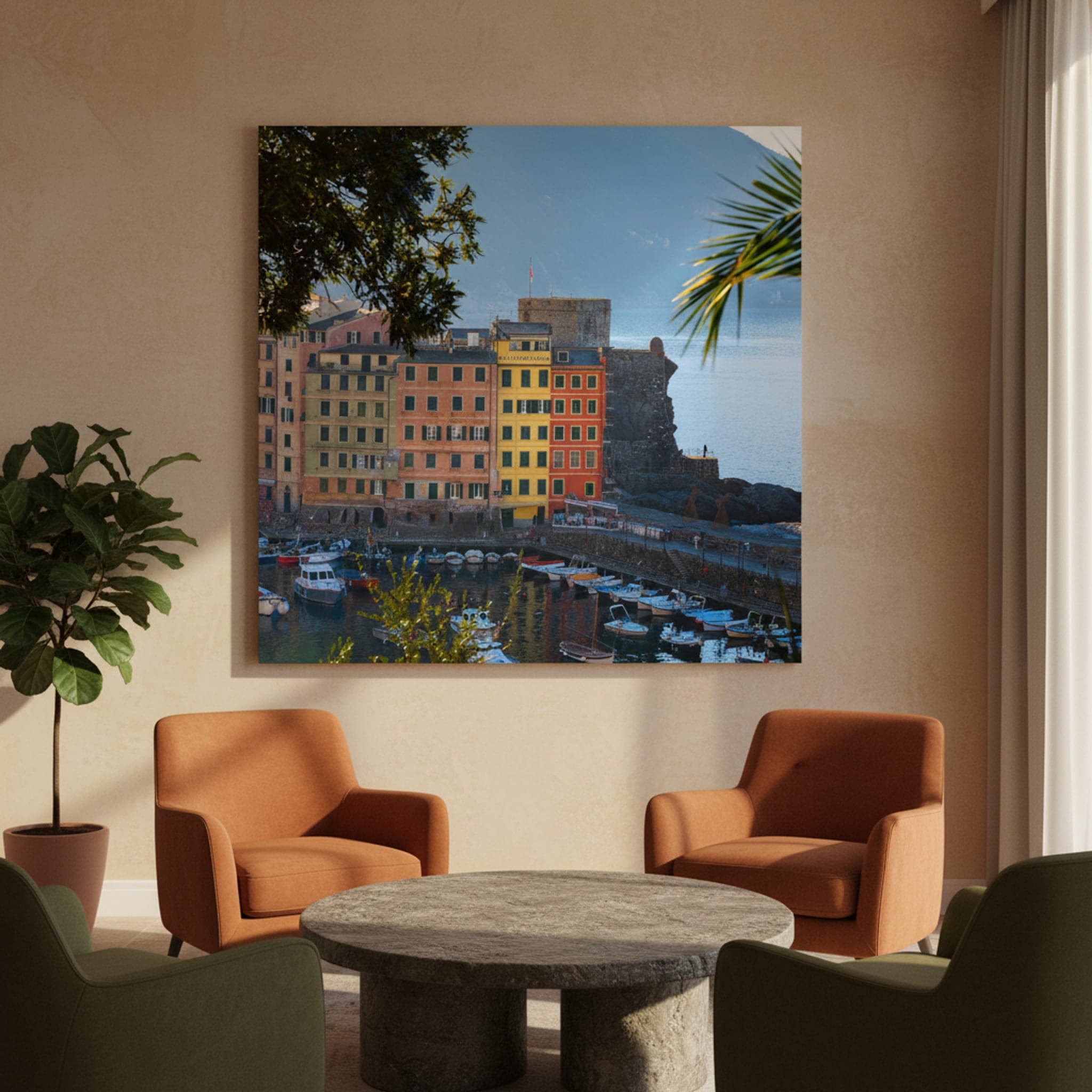 Camogli Harbor Sunrise shown as a canvas print in a styled interior, view 2 of 3