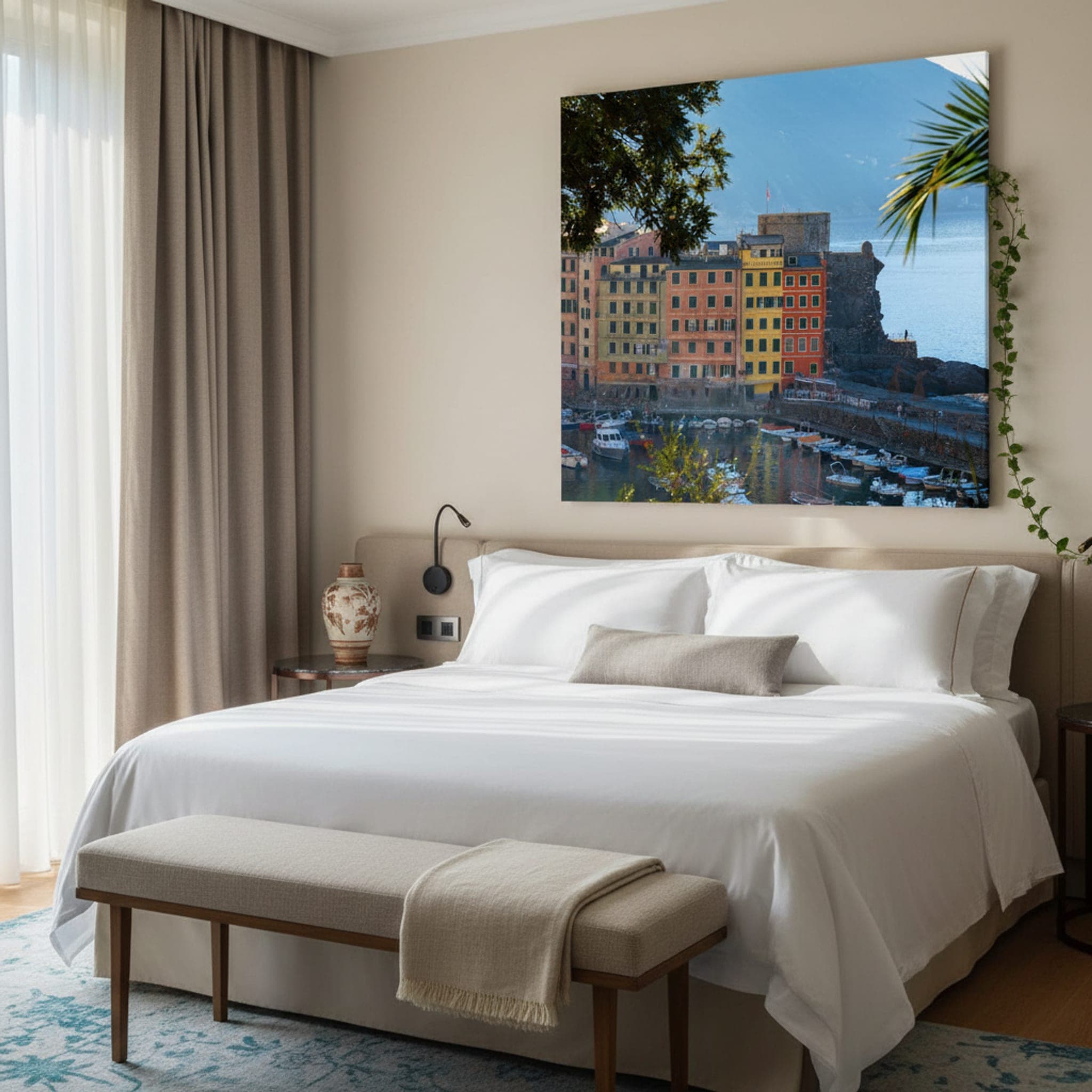 Camogli Harbor Sunrise shown as a canvas print in a styled interior, view 1 of 3