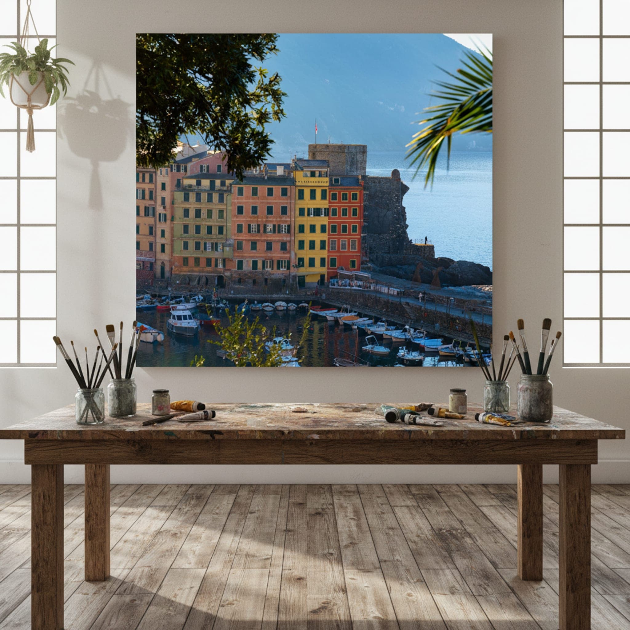 Camogli Harbor Sunrise shown as a canvas print in a styled interior, view 3 of 3