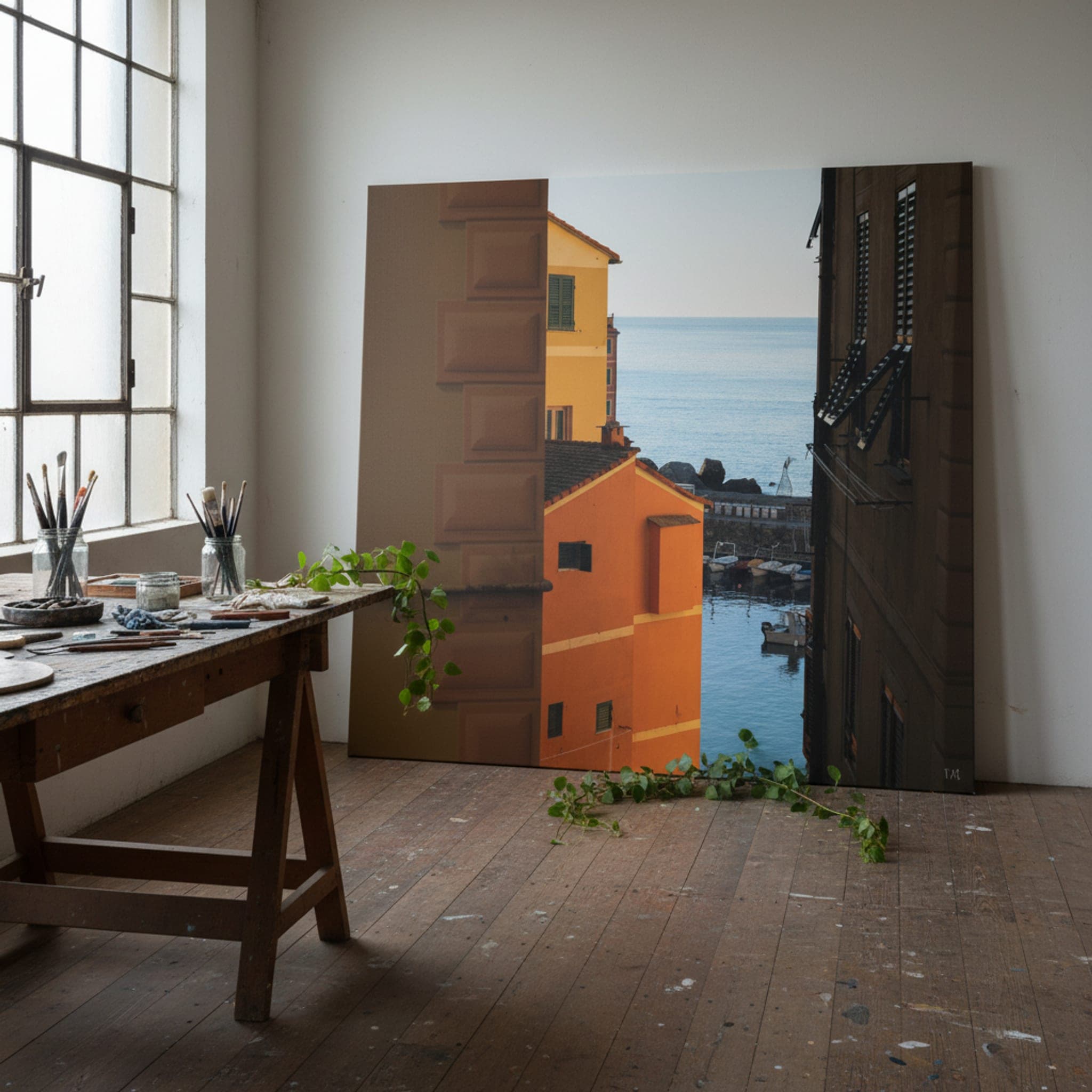 Camogli Harbour View shown as a canvas print in a styled interior, view 3 of 3
