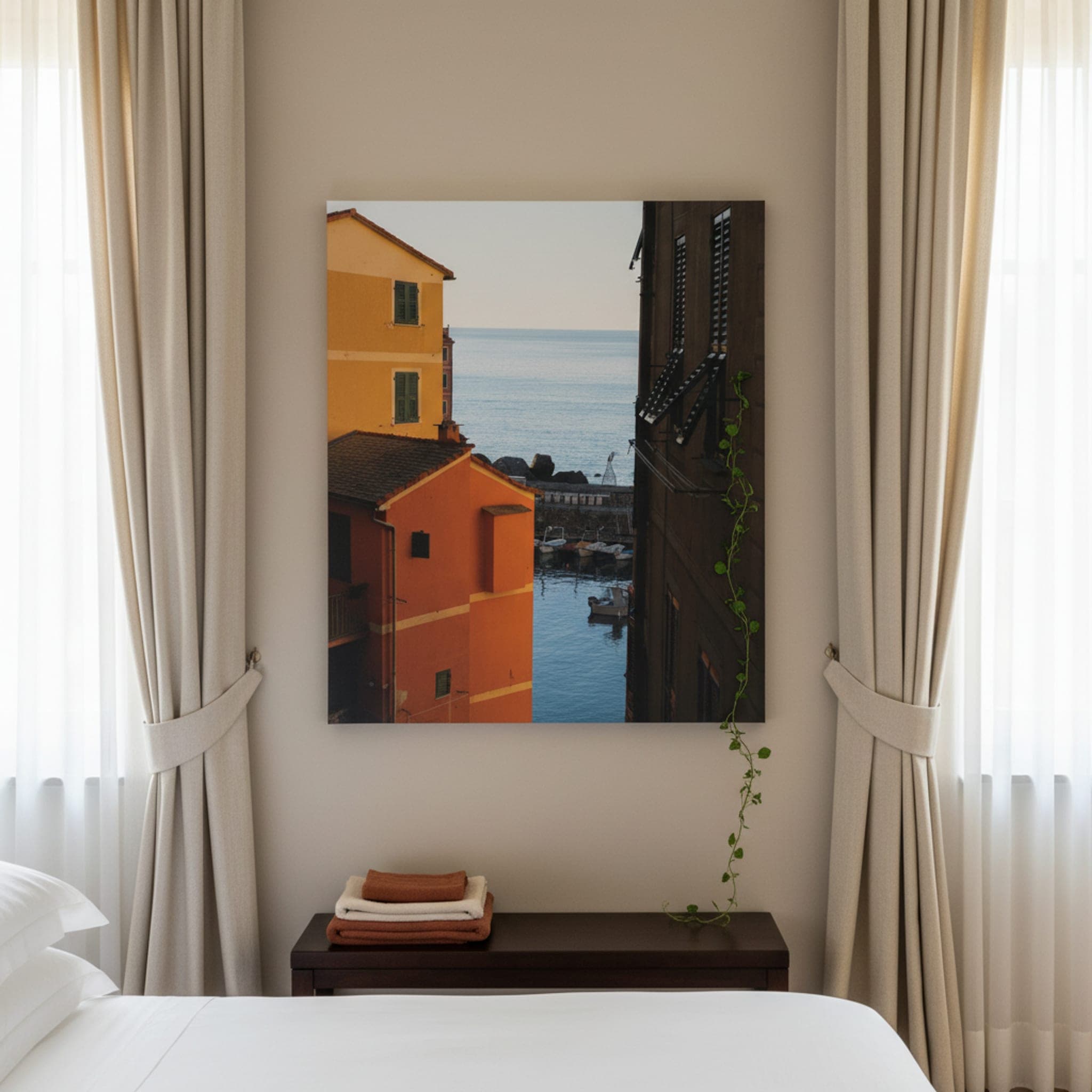 Camogli Harbour View shown as a canvas print in a styled interior, view 1 of 3